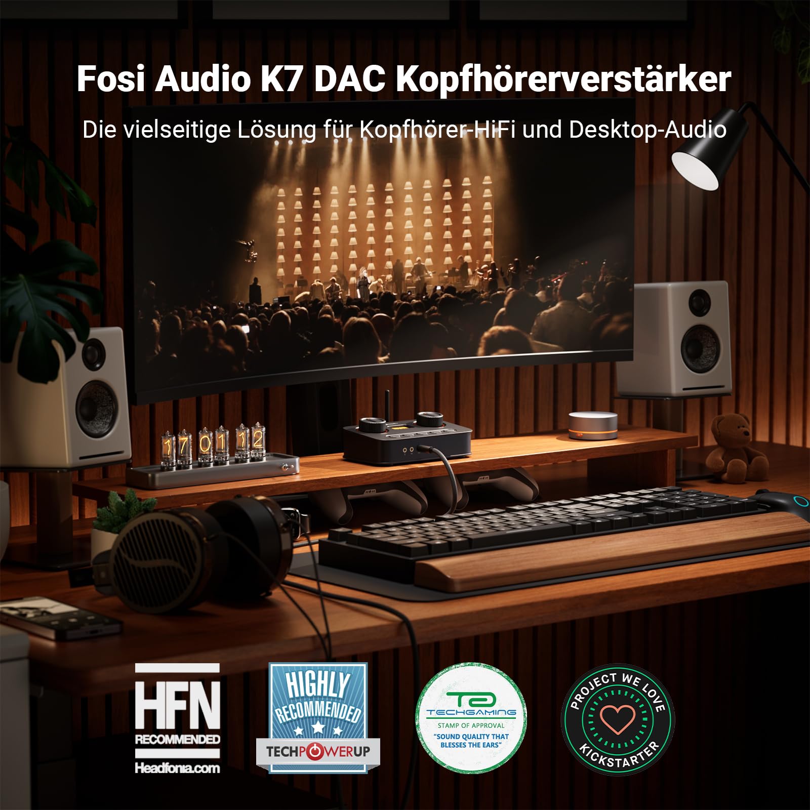 Fosi Audio K7 DAC Kopfhörerverstärker, USB-C-Digital-Analog-Audio-Konverter für Gaming-PC PS5, optischer/koaxialer/Bluetooth aptX HD LL-/Mikrofoneingang, 3,5 mm/4,4 mm symmetrischer/RCA-Ausgang