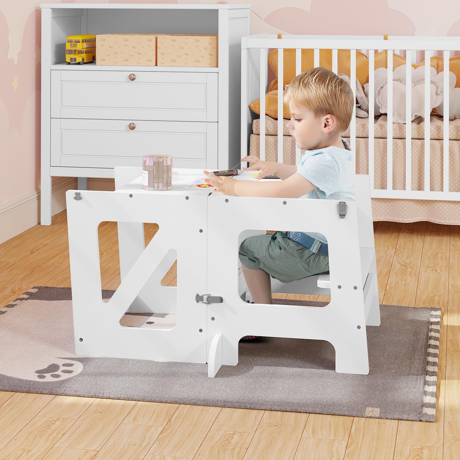 WOLTU Lernturm 3 in 1, Tritthocker Kinderhocker Kindertisch Tafel, Lernturm für Kinder, Küchenhelfer mit Rausfallschutz, faltbar, ab 3 Jahr, Weiß