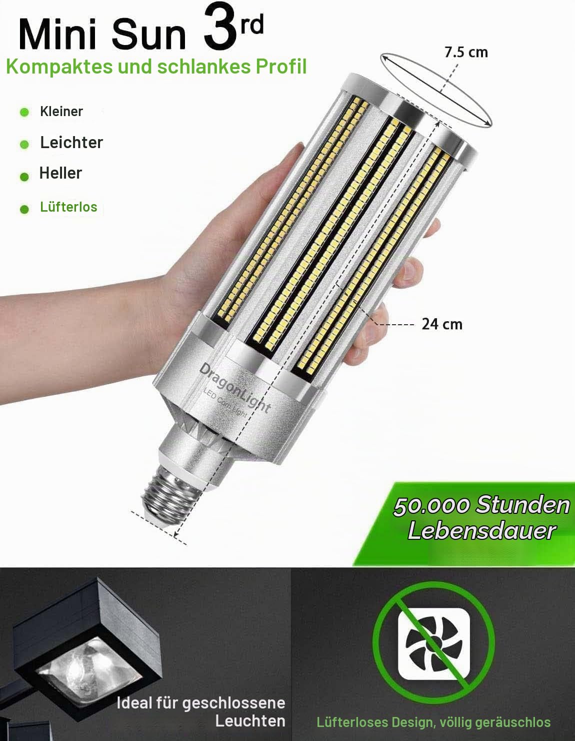 DragonLight 120W Superhell Mais Licht LED Glühbirne Lüfterlos(Ersetzt 800Watt) - E27 LED Lampe mit E40 Adapter - 5000K Kaltweiß 14,400 Lumens für Gebiet Beleuchtung - Garage Werkstatt Straßenleuchte