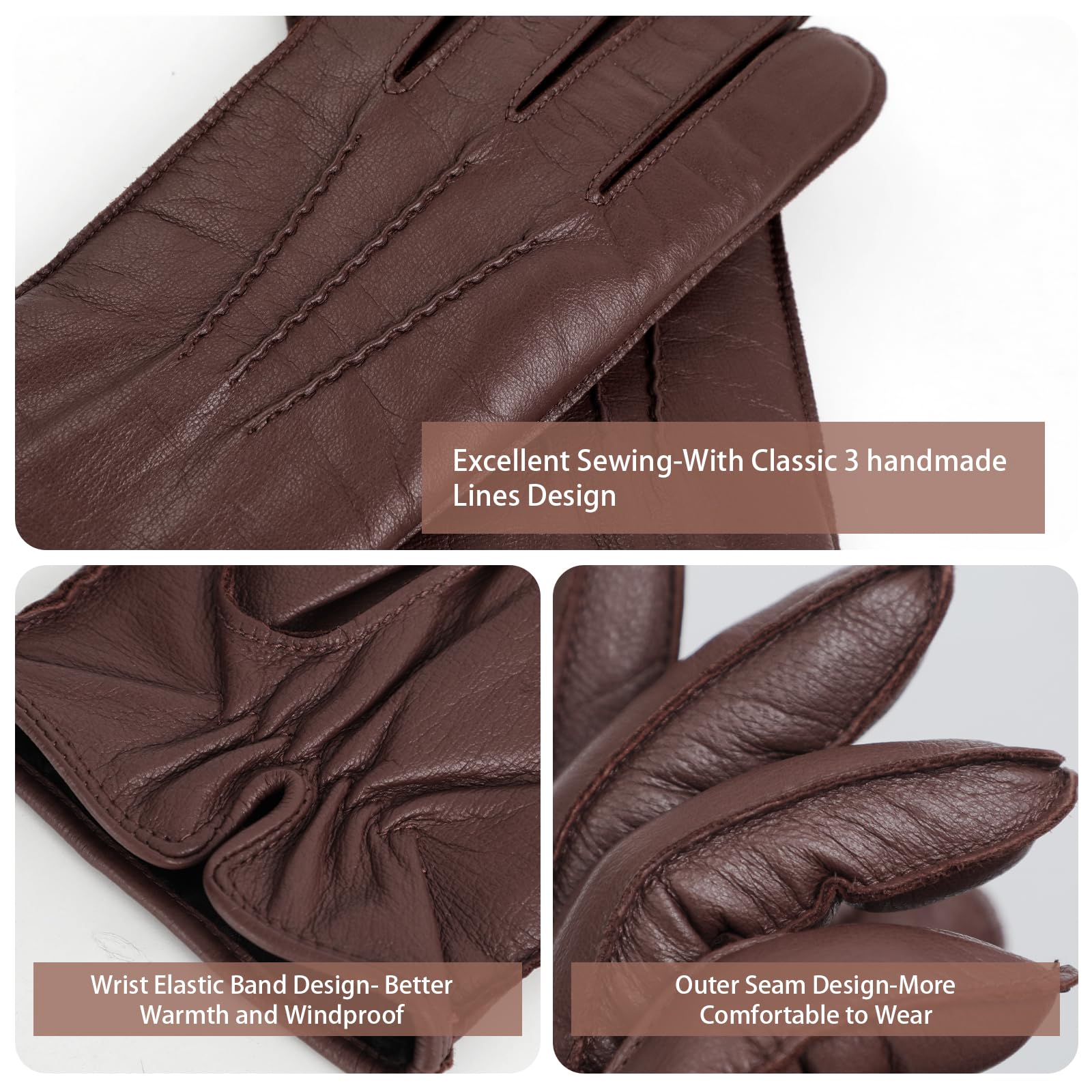 GSG SINCE 1998 Guantes Piel Hombre de Cuero Marrón Castaña XL | Piel de Oveja Sin Cromo, Compatibles con Pantalla Táctil, Forro lana de cordero, Guantes de Invierno para Conducir