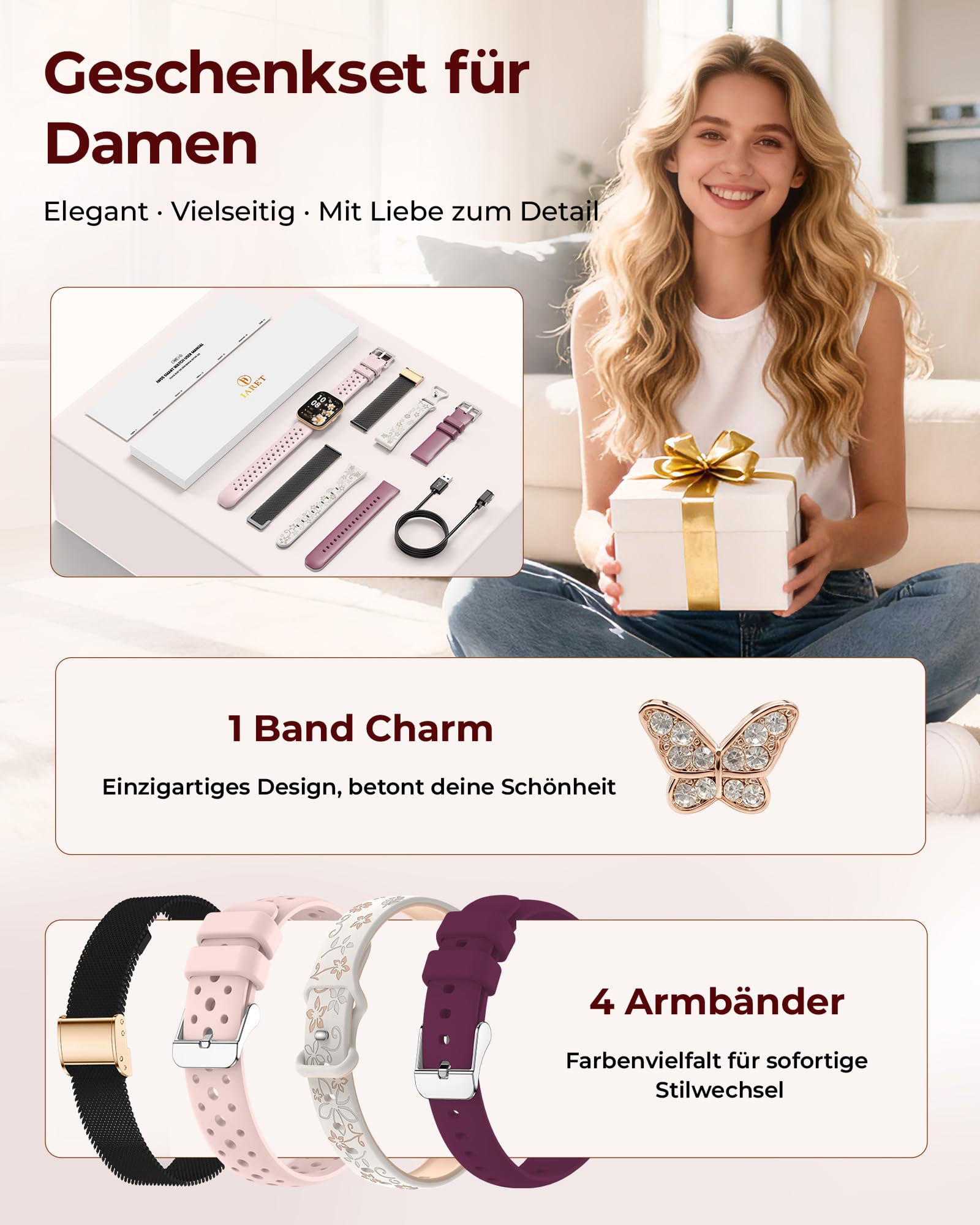 Iaret Smartwatch Damen, Geschenkset mit 4 Wechselarmbändern & Schmetterlings-Charm, 1,75" HD Display, Bluetooth Anrufe, Herzfrequenz SpO2 Schlaf Tracking, 120+ Sportmodi, Kompatibel mit Android iPhone