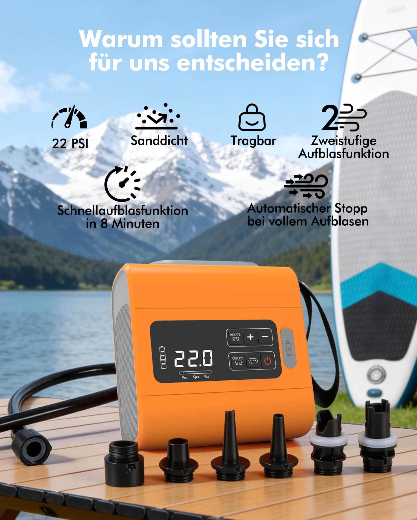 AKSOUL SUP Pumpe Elektrische Akku 22PSI: Wiederaufladbare Sup Motor Luftpumpe mit Sanddicht-Design für Stand Up Paddle Board Luftmatratze Camping Zelt Schlauchboot