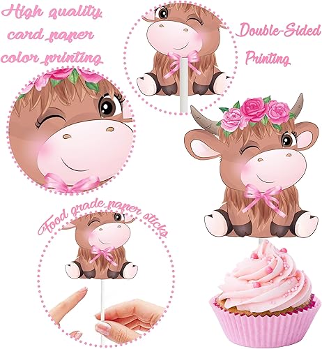 Miniatura 4 de Decoraciones de cumpleaños de vaca de las tierras altas, 24 piezas de decoración de cupcakes de vaca de las tierras altas, decoración de fiesta de