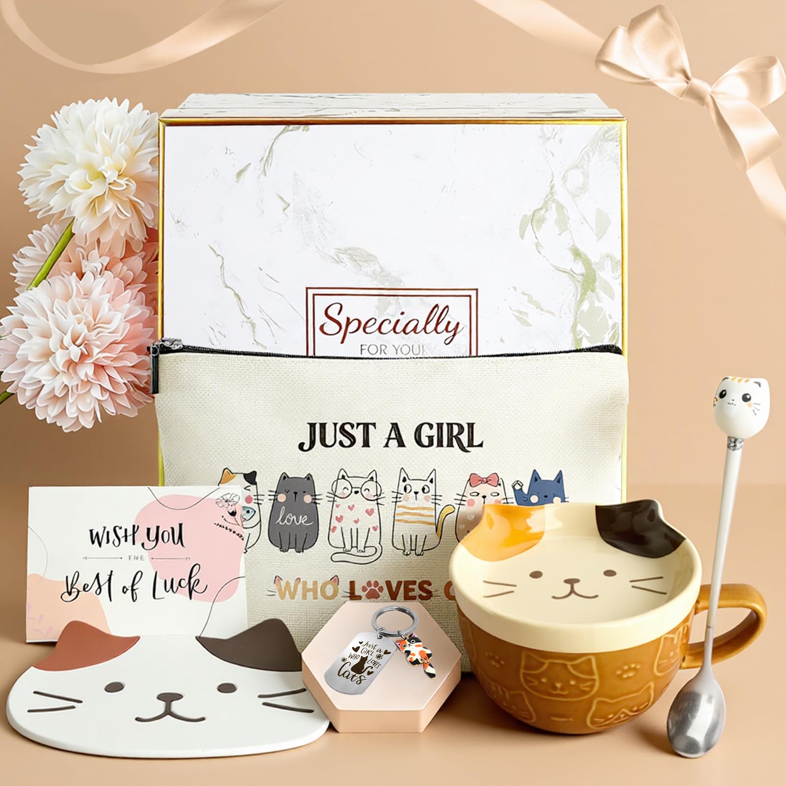 Regalo Donna Gatto, Set Tazza Gatto Divertente, Tazza da Caffè Tè Ceramica Kawaii con Coperchio e Cucchiai, Idee Regalo Donna Personalizzato per Amica Fidanzata Moglie Compleanno Natale