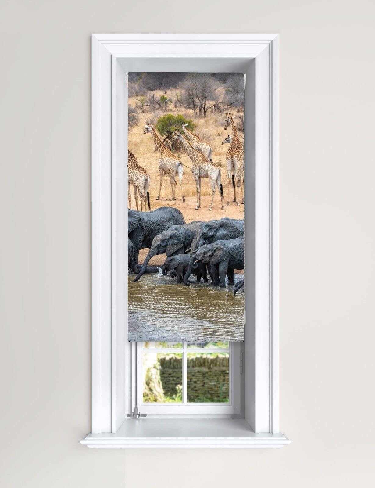 Lister Cartwright Blackout Roller Blind Elephant & Giraffe Water Hole Blind (60 cm Width x 140 cm Drop)