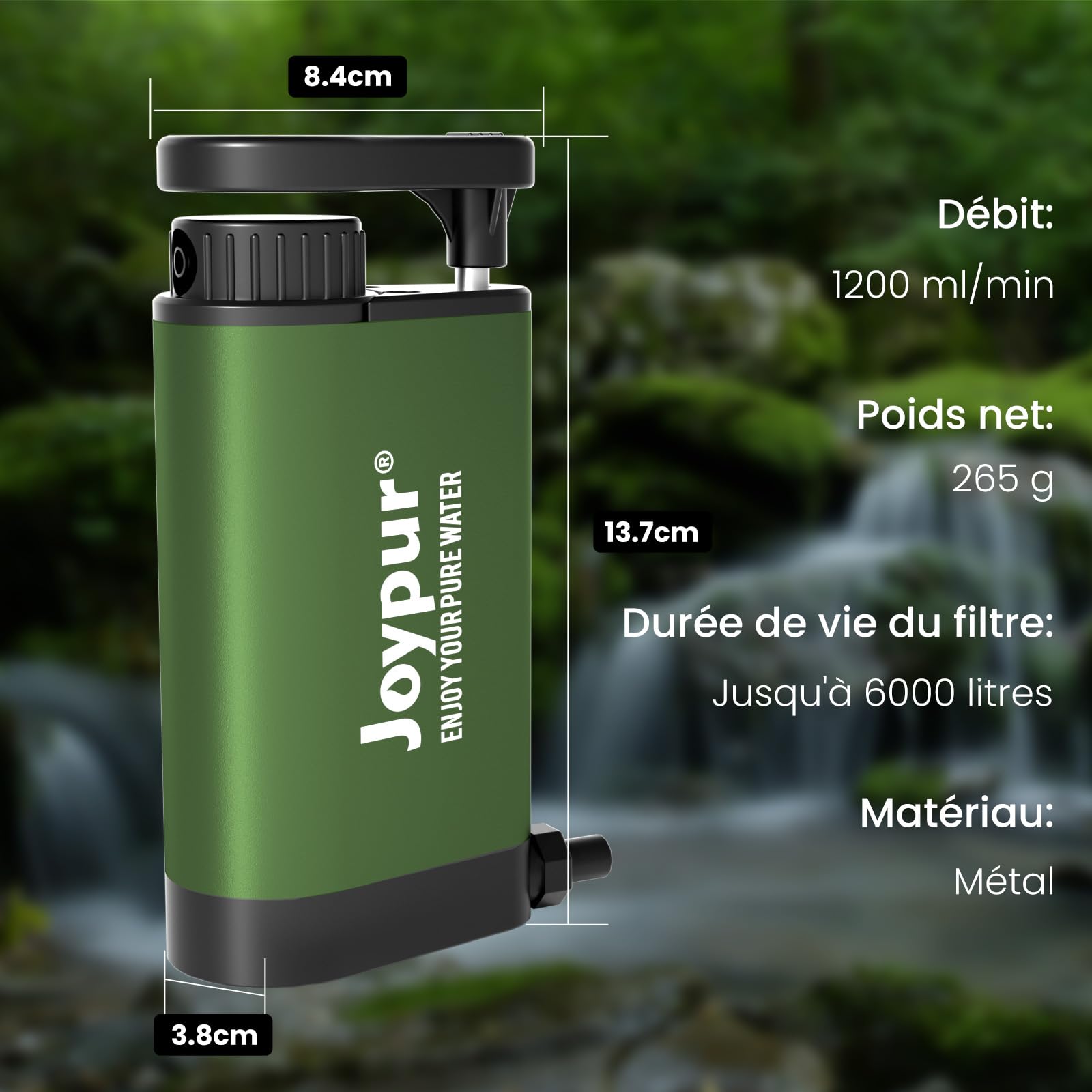 Filtre à eau Survie en plein air - Filtre à eau potable en métal avec une capacité de filtration de 6000 L Purificateur d'eau portable pour le camping la randonnée l'urgence etc. (Vert armée)