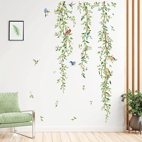Miniatura 2 de Decalmile Calcomanías Colgantes de Vid de Pared Adhesivos de Hojas Verdes con Pájaros para Dormitorio Sala de Estar Oficina Cocina Decoración de