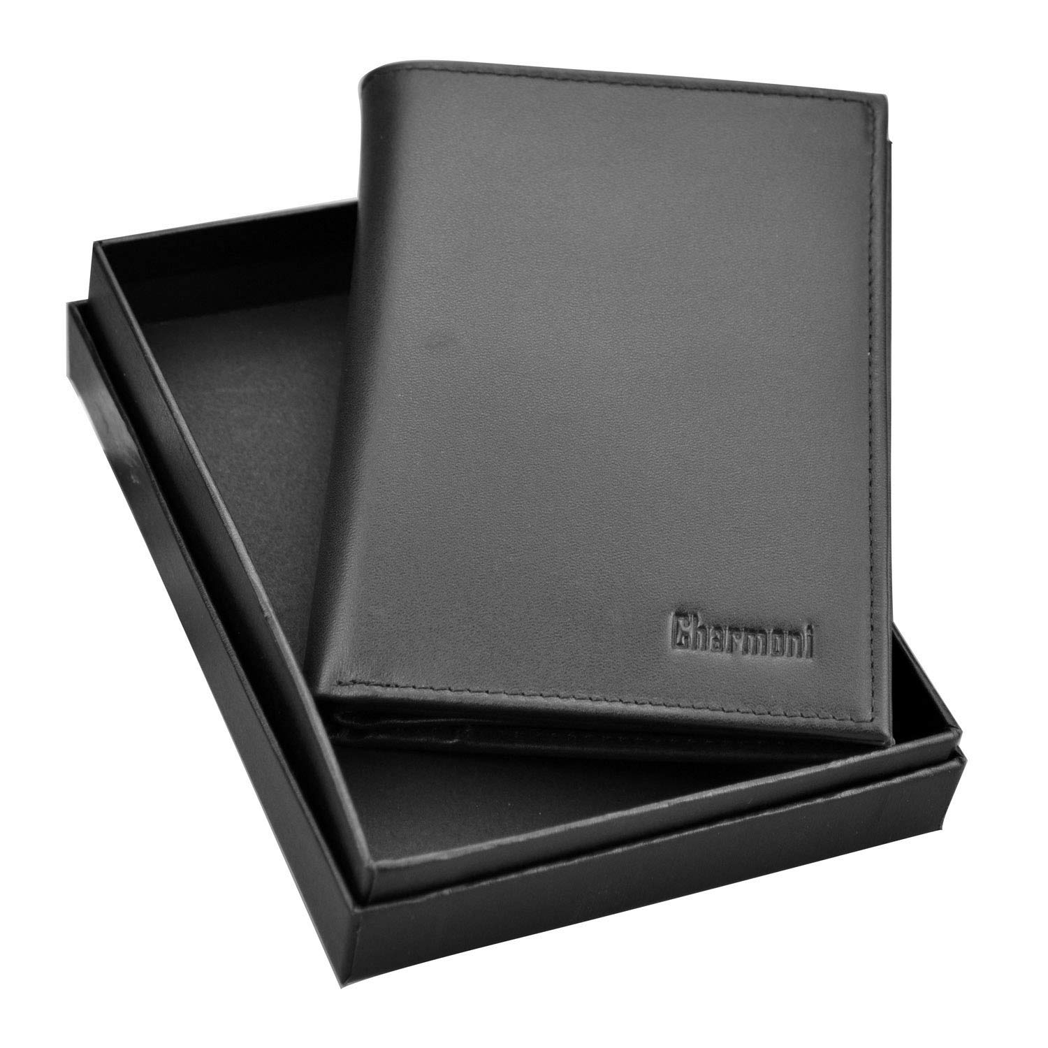 Charmoni - Max - Grand Portefeuille - Portefeuille Homme - Anti piratage Protection RFID Blocage - 4 Volets - Cuir Vachette - 22 Carte Bleu - Rangement complèt (Cuir Vachette, Noir)