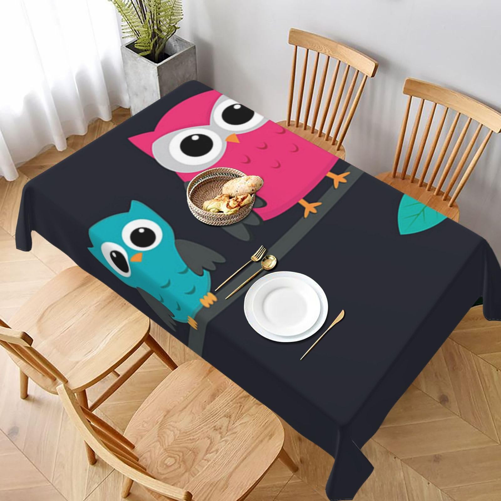 BNVSADC Cute Owls Printed Rectangle Tablecloth 228x152 CM, Water Resistant Polyester Table Cloth Decorative Fabric Table Covers for Kitchen Dining Table Parties Camping
