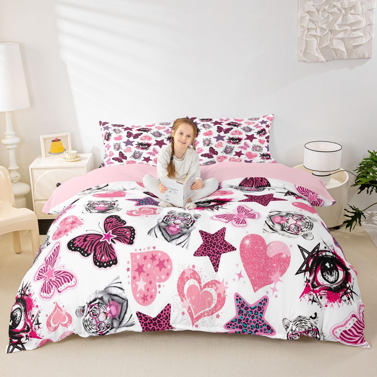 Homewish Set di biancheria da letto super king size con stampa leopardata e stelle e tigre, Y2Ky, motivo: occhi di farfalla, set di biancheria da letto Swetty Love Heart