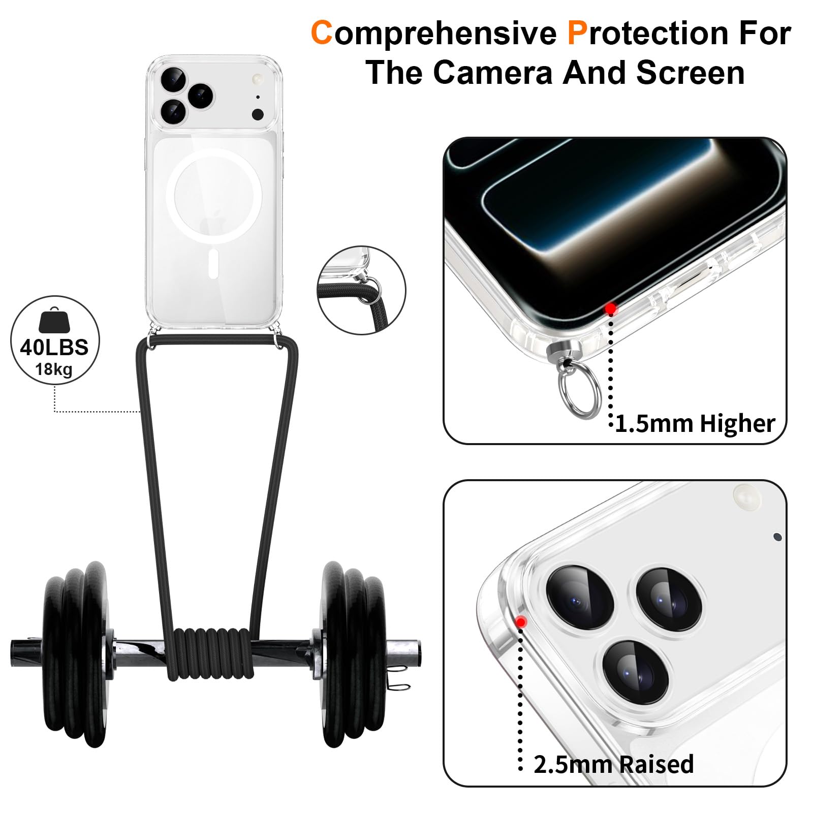 Magnetyczne etui z paskiem na telefon komórkowy iPhone 17 Pro, [kompatybilne z Magsafe], etui ochronne na telefon komórkowy, do zawieszenia, przezroczyste, odporne na uderzenia i zarysowania