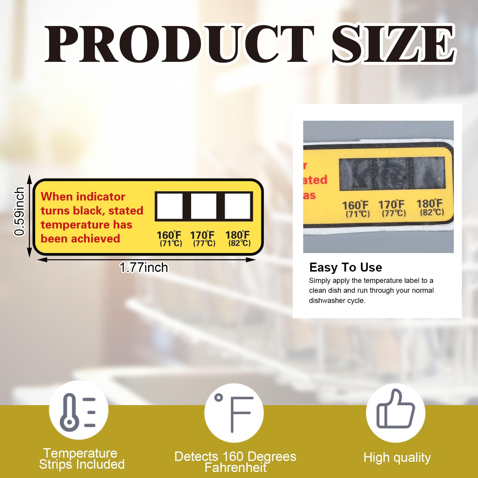 Dunzoom 24 tiras de temperatura de 3 temperaturas de 71.1 °C/71 ℃ 76.7 °C/76.5 ℃ 82.2 °C/82 ℃ Etiquetas adhesivas impermeables para lavavajillas comerciales y domésticos