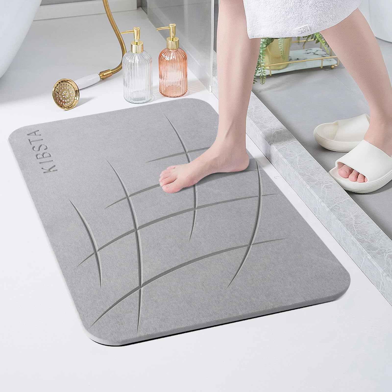 Stone Bath Mat, Natural Diatomite Stone Bath Mat, Quick Dry Diatomaceous Earth Bath Mat, Anti-Slip Bath Stone Mat, Easy to Clean Stone Bathroom Mat for Bathroom, Kitchen, Floor, 23.6x15.4, Grey