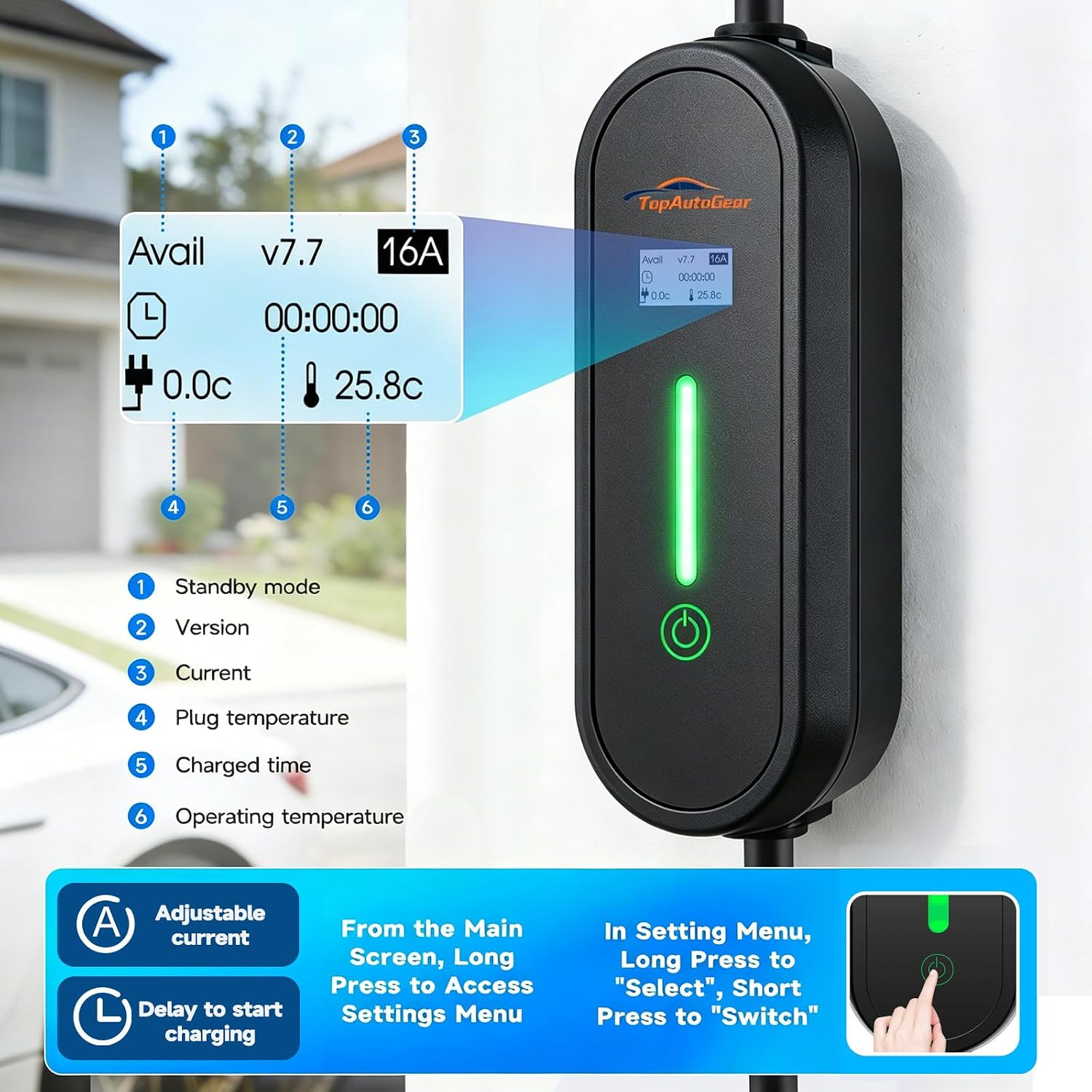 TopAutoGear Level 1&2 Portable EV Charger for Tesla 8-16A 110/240V with NEMA 6-20 Plug & 5-15 Adaptor, Adjustable 8-16Amp Current,17Ft Charging Cable NACS Connector for Tesla Model Y/3/X/S/Cybertruck