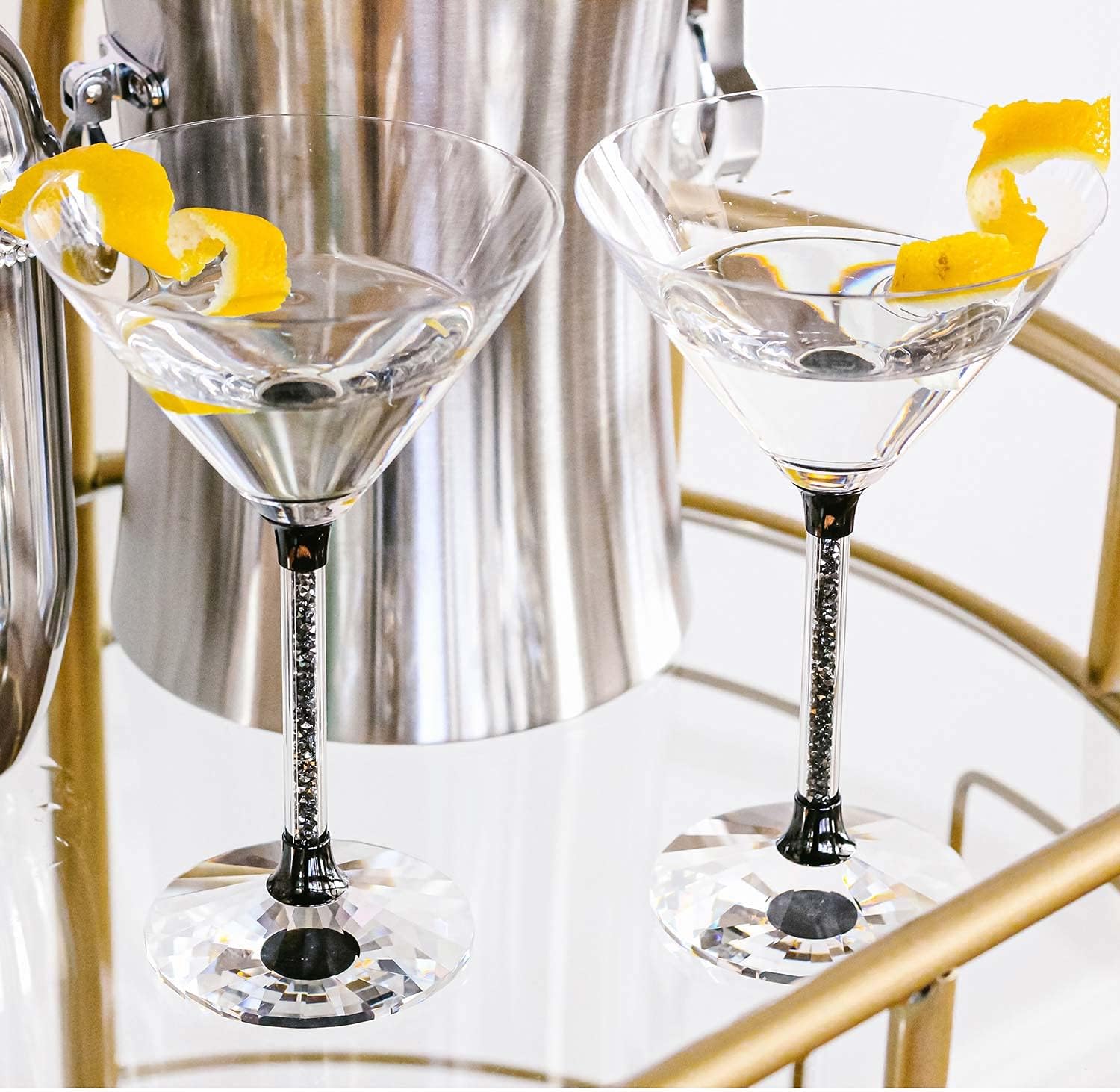 Vetrina Stem Martini Glass, Sophisticated Crystal Glassware, Faceted Base, For Dining Table Setting, Event, Wedding, Home Bar Cocktails, Gold, Set of 2 in Gift Box