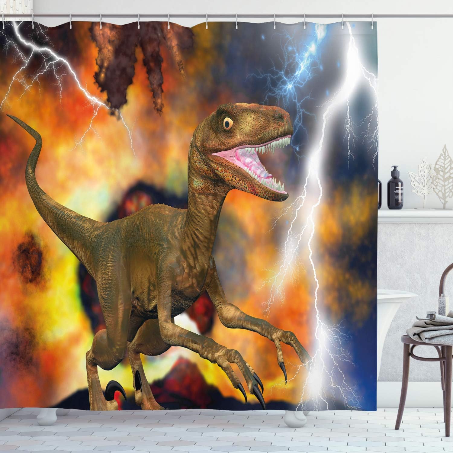 Ambesonne Dinosaur Shower Curtain, Dramatic Catastrophe Destruction Background with Allosaurus Fragilis Illustration, Cloth Fabric Bathroom Decor Set with Hooks, 69" W x 84" L, Fawn Orange