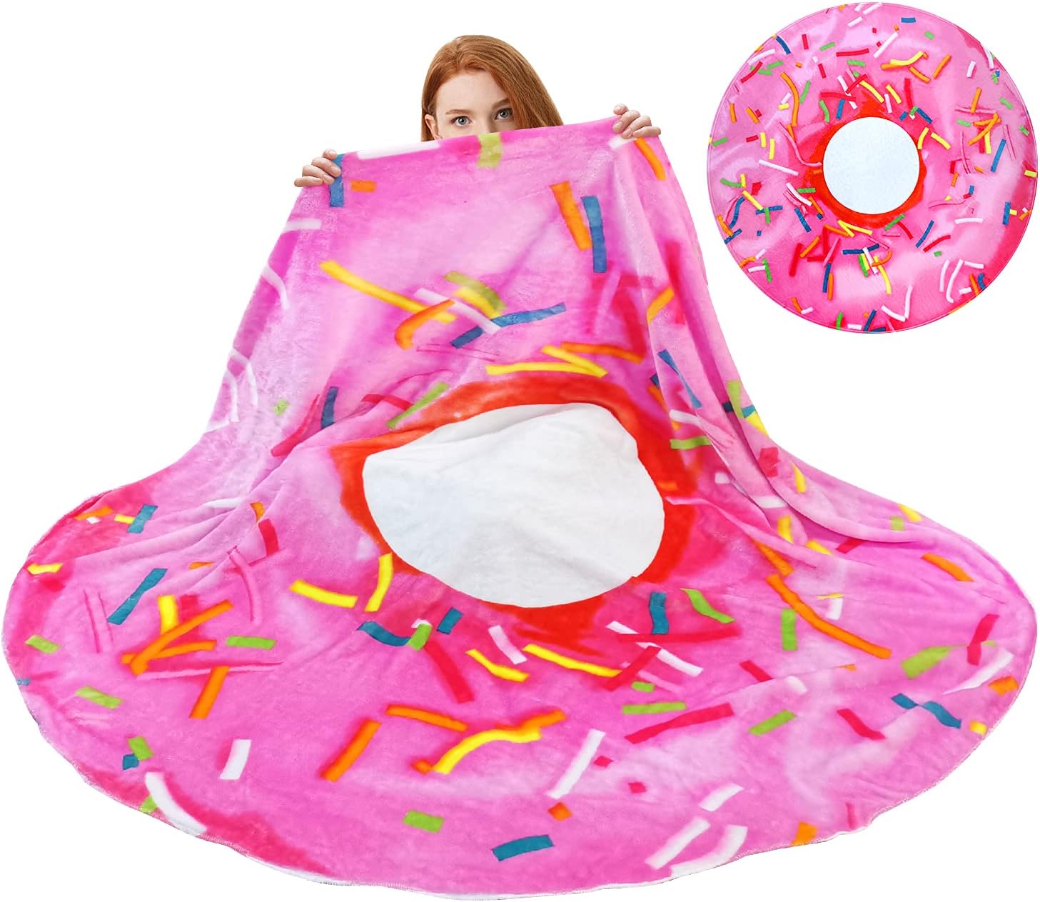 Donut Plush Blanket, Novelty Round, Soft Flannel, Funny Food Pattern for Adults and Kids, Indoors, Outdoors, Travel (80 inches)