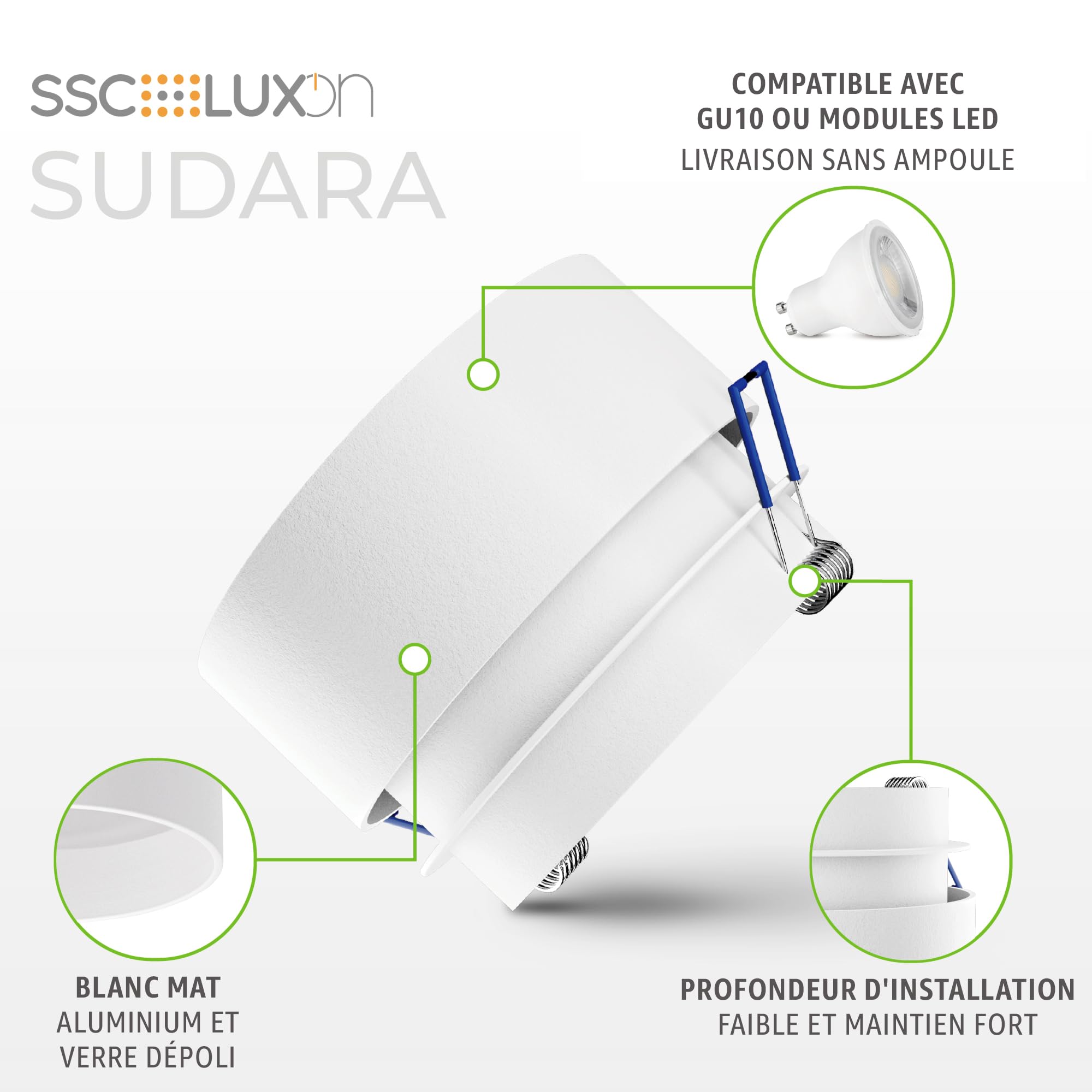 SSC-LUXon SUDARA set de 4 spots encastrables blanc et or – spot plafond LED GU10 à éclairage indirect – luminaire intérieur moderne pour salon, cuisine et chambre