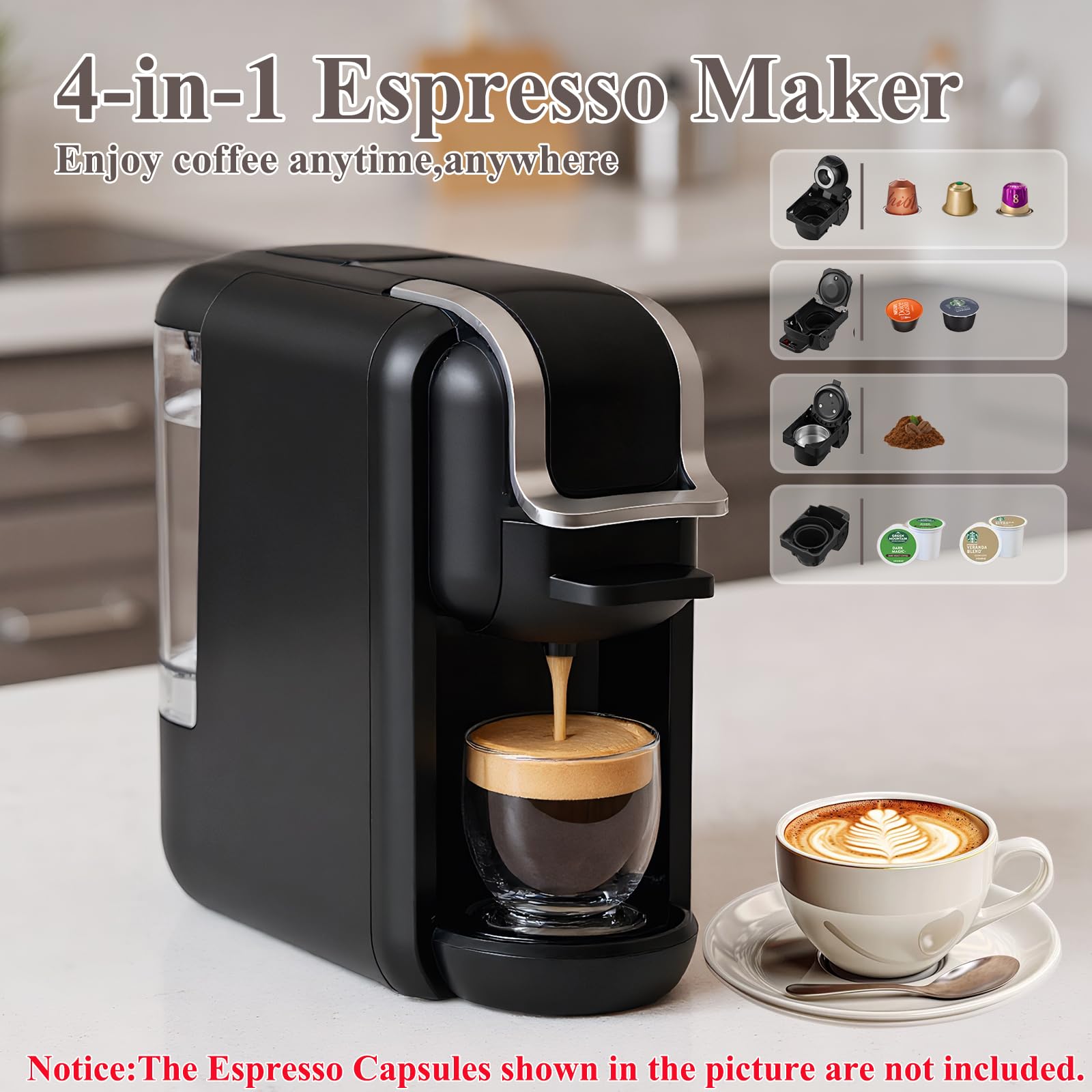 Cafetera 4 en 1 de 19 barras, diseño compacto, máquina de espresso de una sola porción caliente y fría para cápsulas K Cup, cápsulas Nes Original/DG y café molido en casa u oficina (negro)