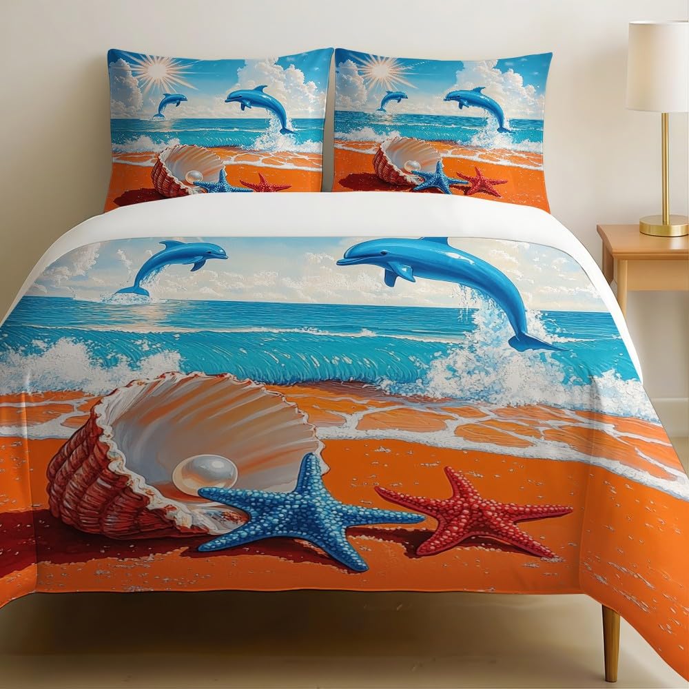 Housse de couette 200x200 dauphin 3D bleu avec 2 taies