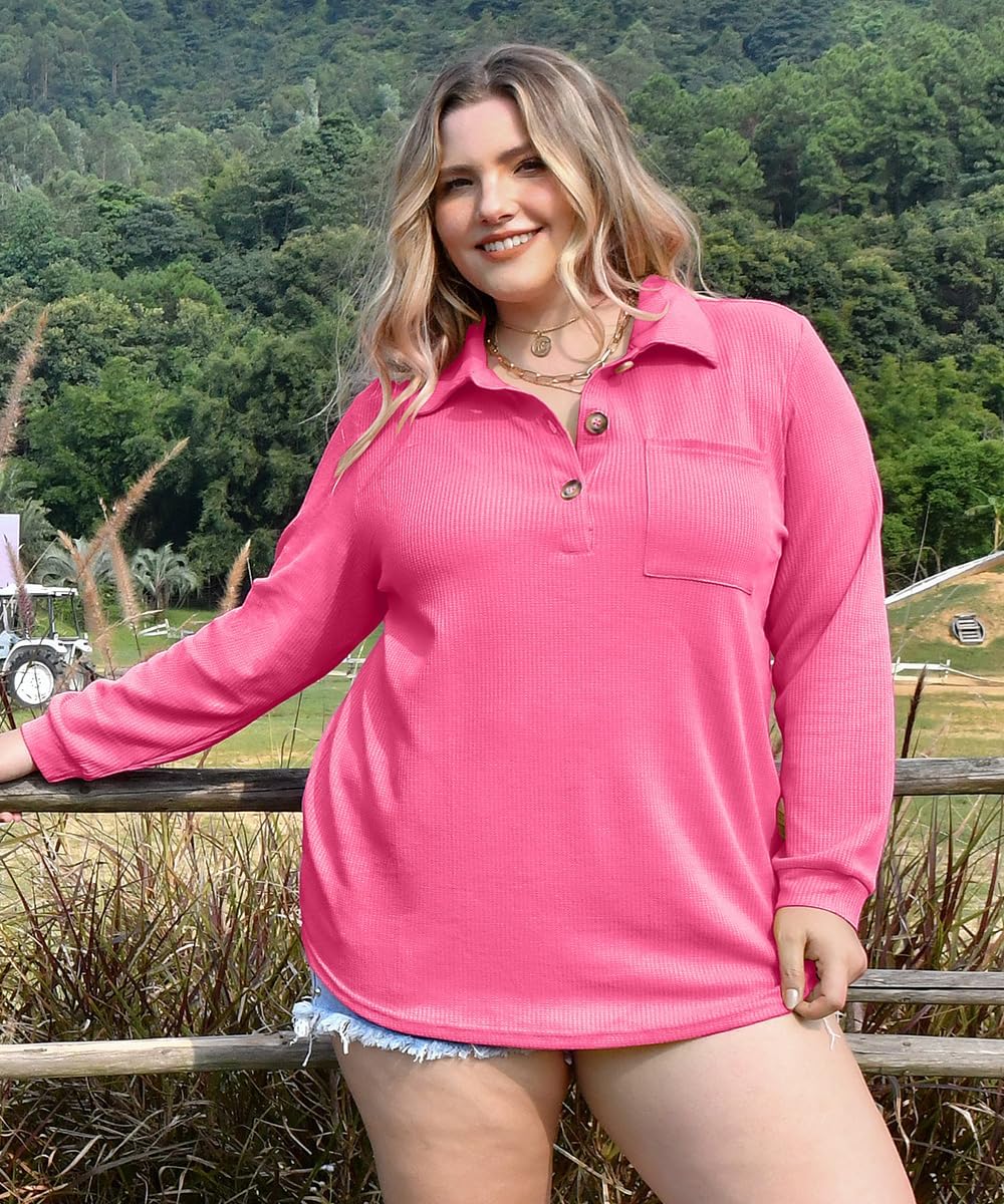 CARCOS Plus Size Tops for Women Waffle Knit Henley Shirts Long Sleeve Button V Neck Tunics Casual Solid Blouse with Pocket - Image 2