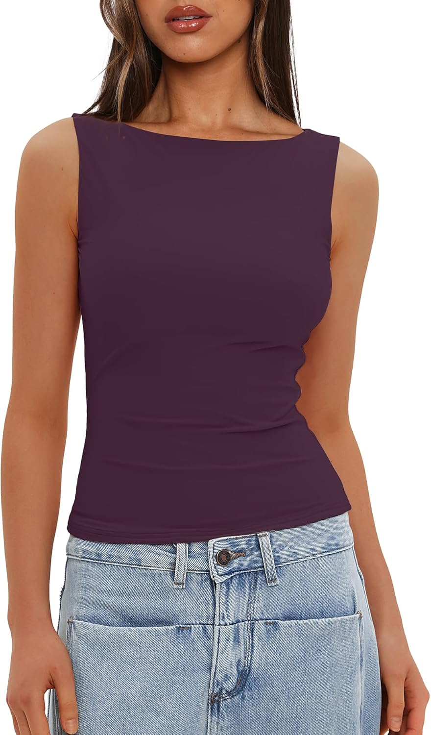 Darong Women's High Neck Tank Top Sleeveless Double Lined Basic Tops Going Out Casual Tank Shirts