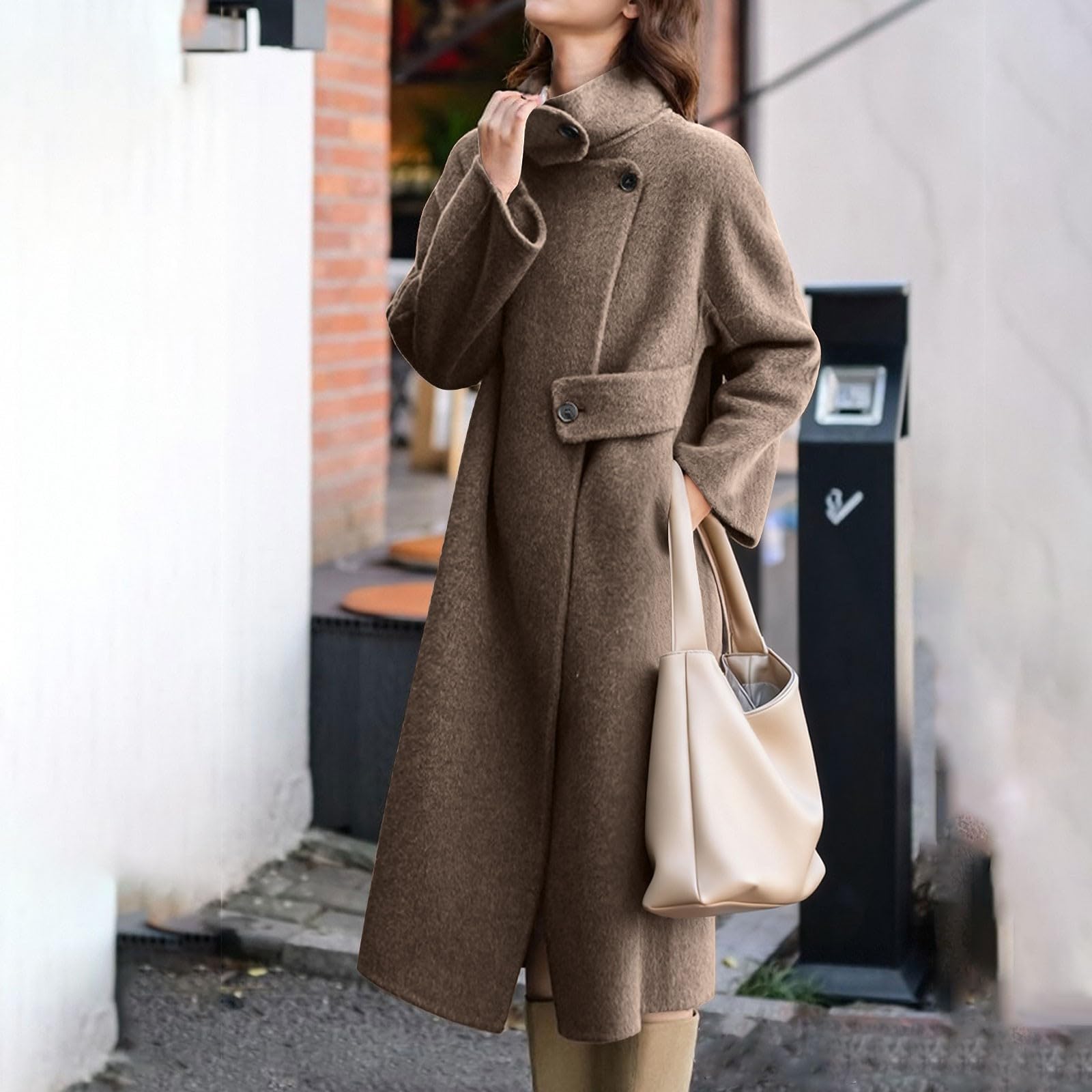 Lang Trenchcoat Damen mit Stehkragen Mantel mit schrägem Verschluss