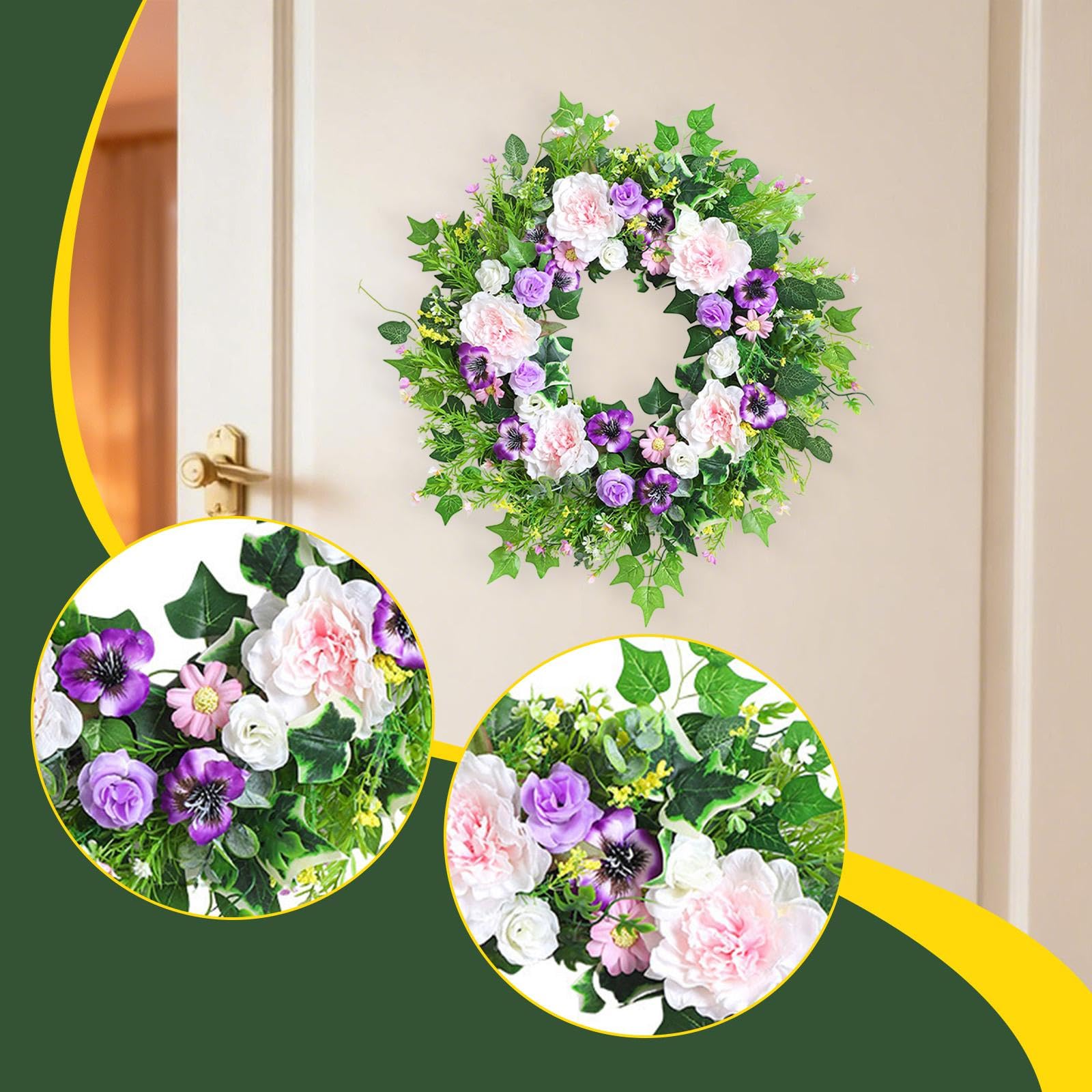 Ghirlanda Primaverile-Estiva da Appendere alla Porta D'ingresso, Fogliame Verde, 45 Cm