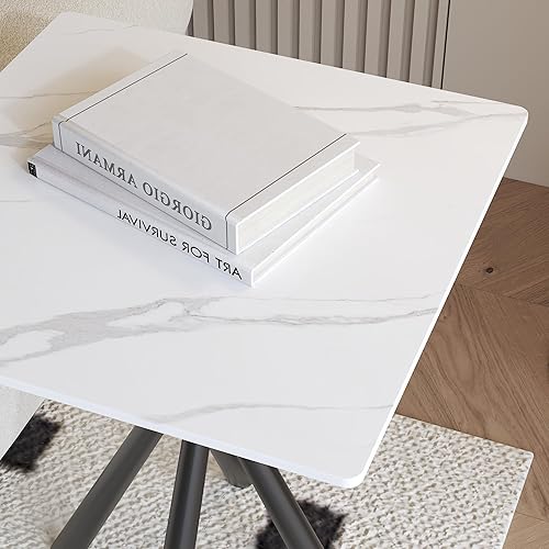 Miniatura 6 de Juego de 2 mesas auxiliares de mármol blanco, mesa auxiliar cuadrada moderna con parte superior de piedra sinterizada y patas de metal negro, mesa