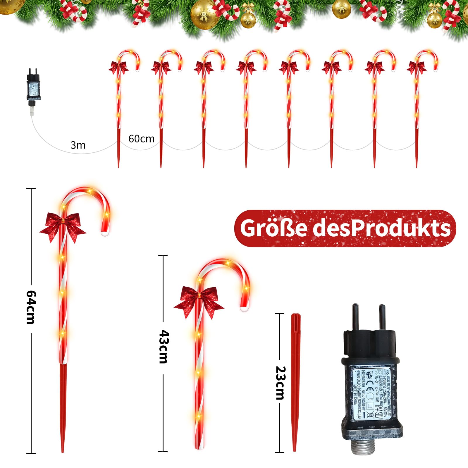 HELESIN Lot de 8 guirlandes lumineuses en forme de canne à sucre | Minuterie à 12 modes, décoration de sapin de Noël, canne à sucre éclairée, étanche, éclairage de Noël extérieur pour