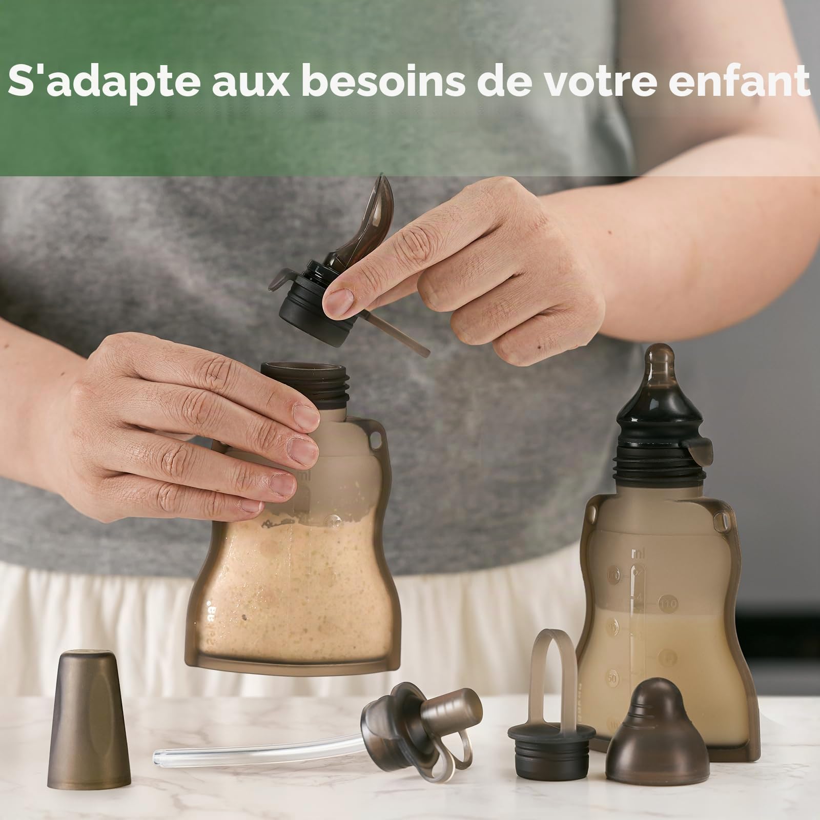 Haakaa Silicone Sacoches alimentaires pour bébés - Sacs réutilisables pour bébés à pression,Gris, paquet de 2