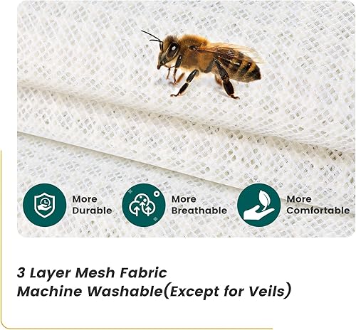 Miniatura 5 de Traje de abeja ventilado, traje de abeja de 3 capas para hombres y mujeres, traje protector de apicultura a prueba de picaduras con guantes, 2 velos