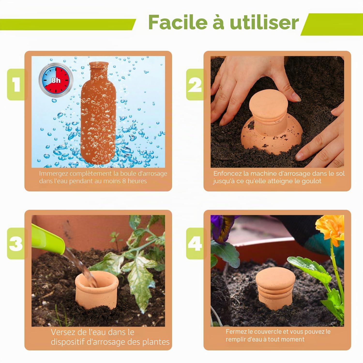Ollas Lot de 3 Globes d'arrosage Automatique pour Plantes 25,4 x 8,9 x 8,9 cm 864,7 g avec Couvercle en Terre Cuite