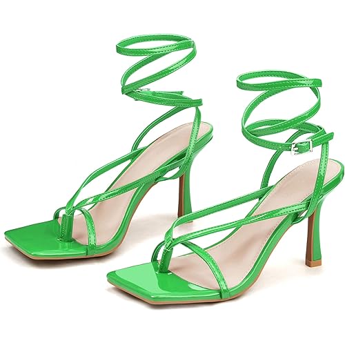 Coutgo Women's Lace Up Heeled Sandals Flip Flop Pumps Square Open Toe Strappy Stiletto Heels Summer Dress Shoes