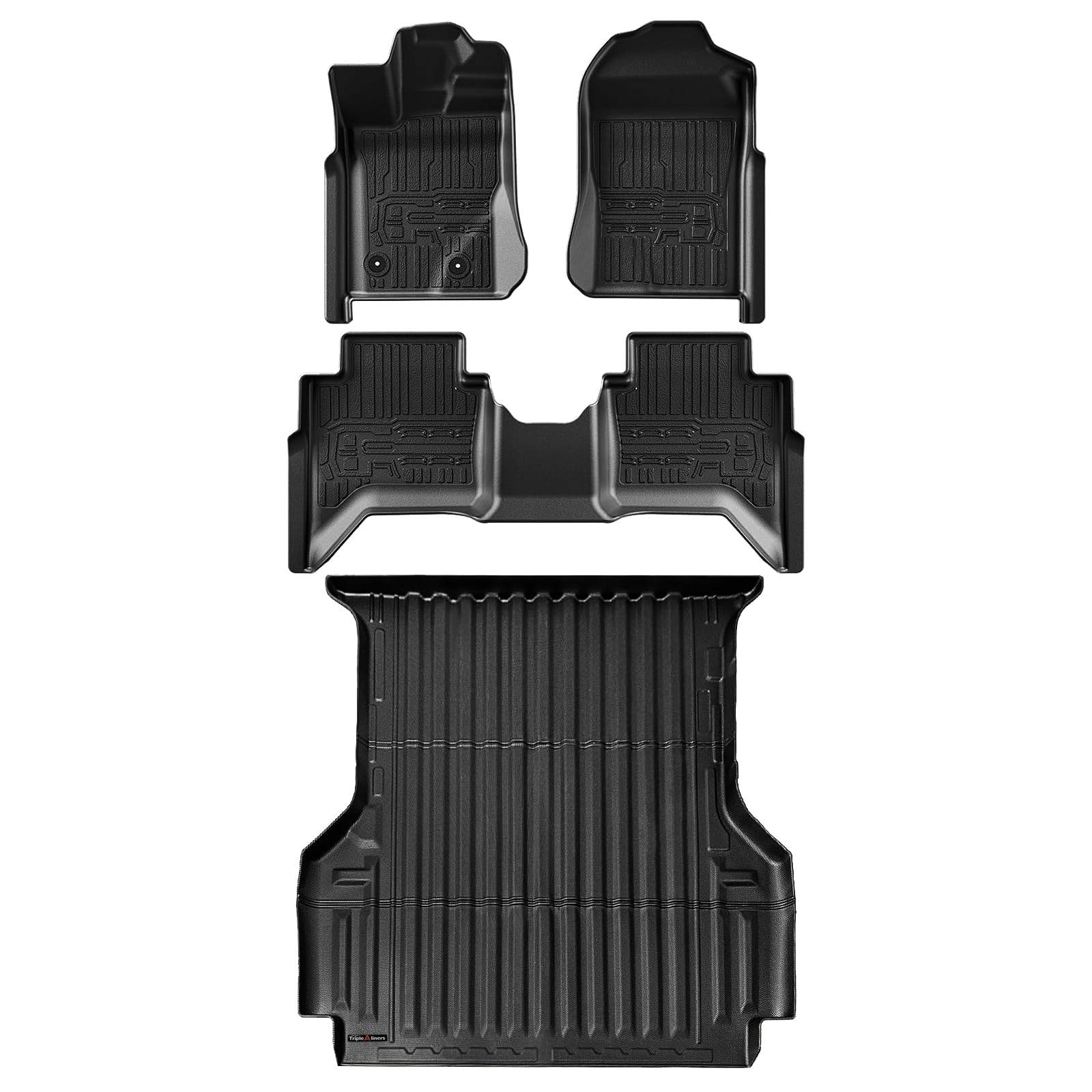TripleAliners Truck Bed Mat & Floor Mats Front Rear Full Set Compatible with Ford Ranger 2024-2025 SuperCrew Accessories All Weather TPE Truck Liner Custom Fit (5FT Truck Bed Mat+Floor Mats)