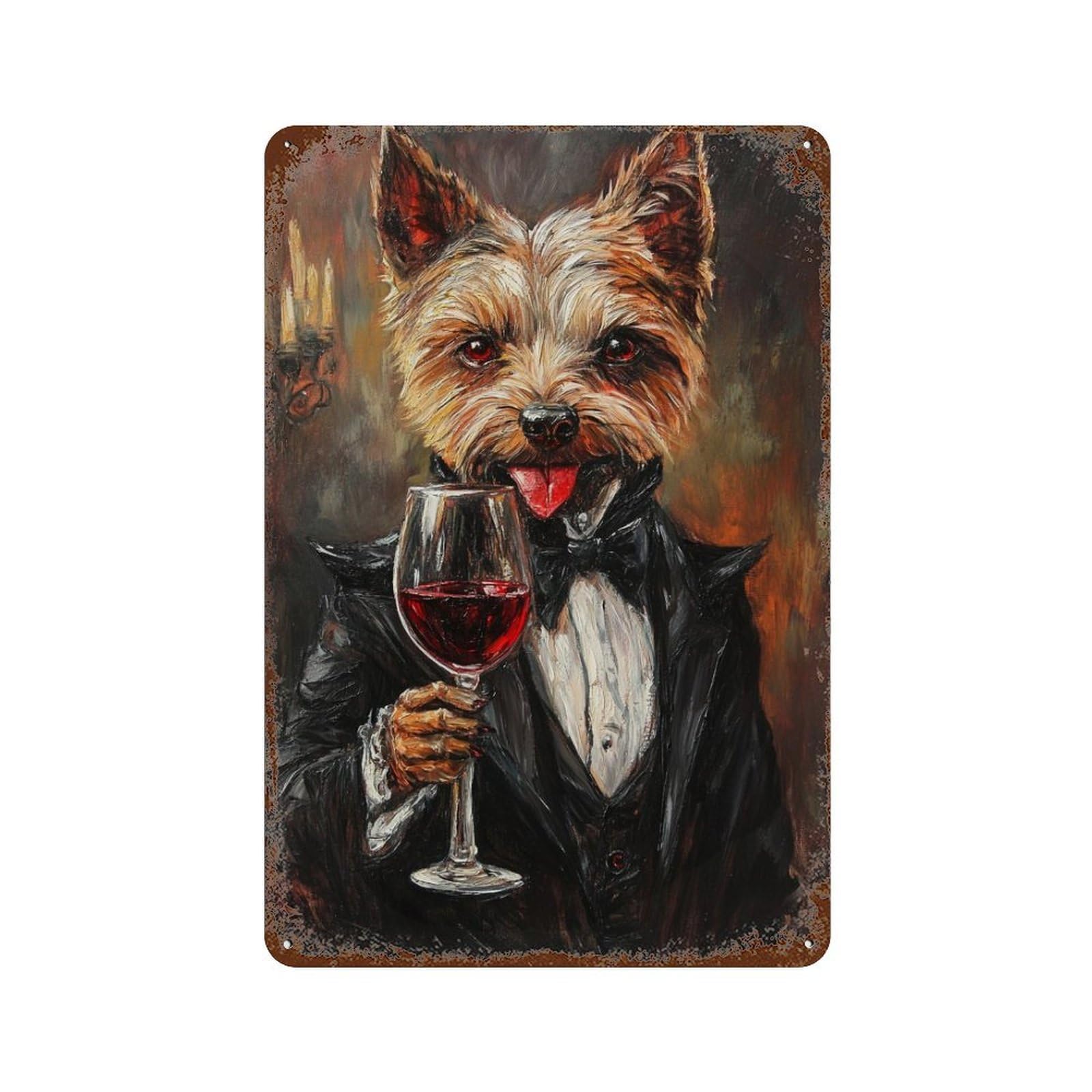 Dog in Tuxedo with Wine Glass Rustic Tin Plaque 11.8"x7.9", Industrial Home Decor for Pub, Kitchen And Man Cave Decor