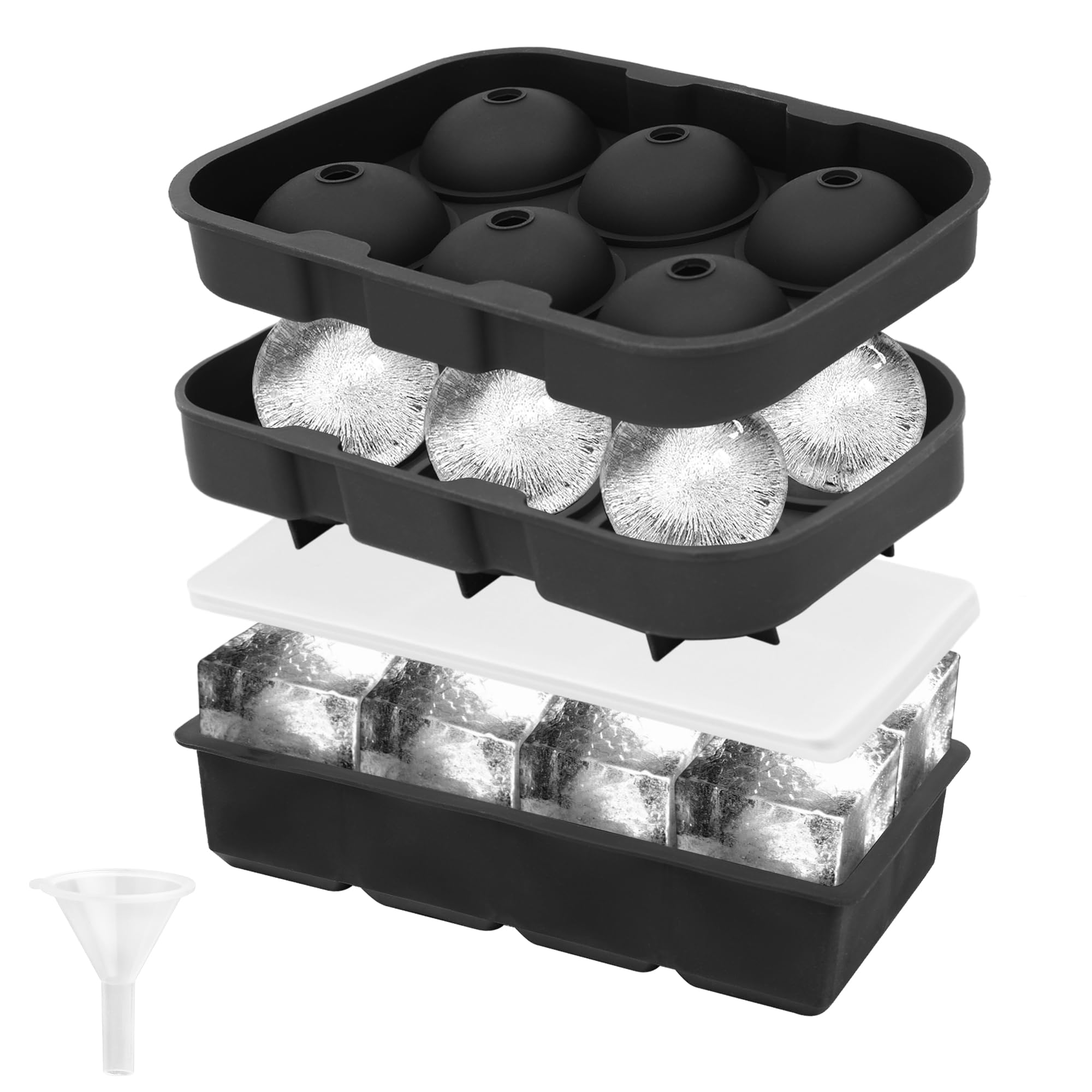 YHT 2 Pack Large Ice Cube and Ball Tray Molds with Lids and a Funnel,Reusable Silicone Square Ice Cube Maker Moulds for Whiskey,Cocktails,Drinks(Black)