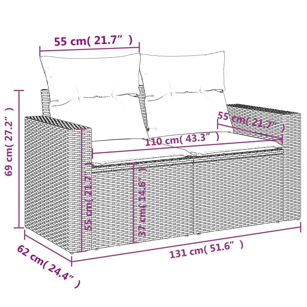Divano da Giardino 2 Posti in Rattan PE Marrone 131cm | Set modulare per terrazzo e giardino con cuscini sfoderabili e piedini regolabili in plastica.