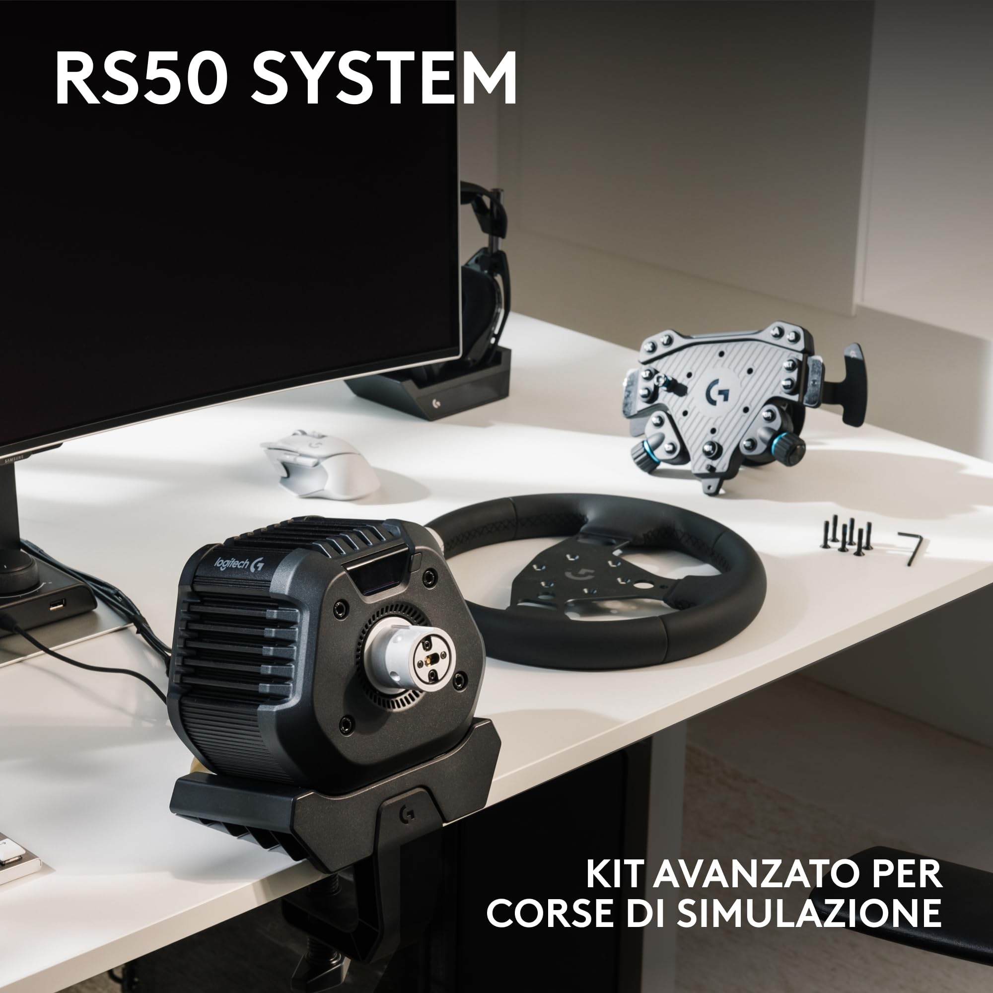 Logitech G RS50 System, set da corsa di simulazione a 3 pezzi | Base volante RS50, trasmissione diretta 8 Nm, RS Wheel Hub, 13 pulsanti, RS Round Wheel 28 cm - PS5/PS4/PC - Nero