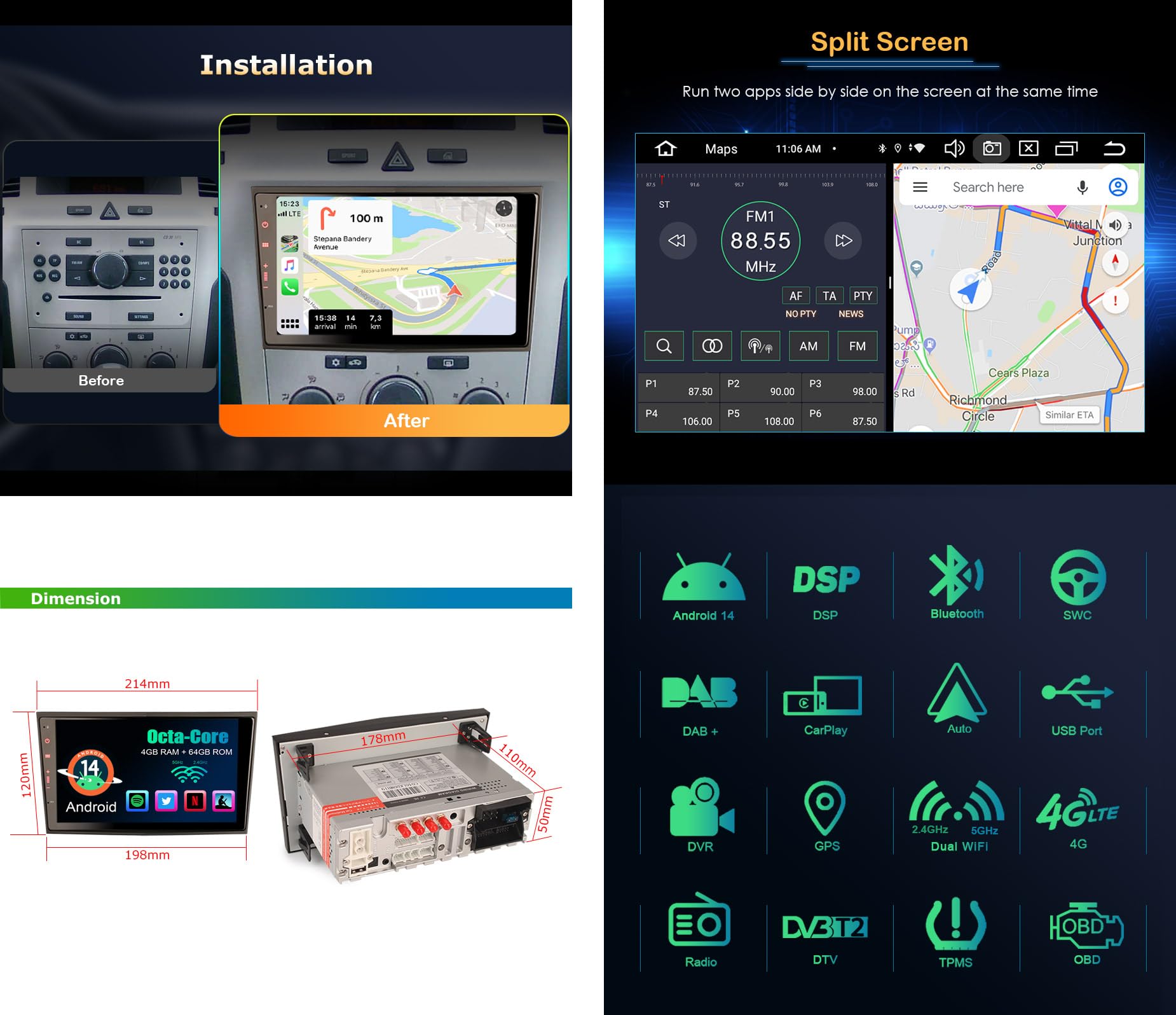 Erisin 8-Core Android 14 Autoradio Bluetooth 5.0 per Opel Antara Astra H Corsa C/D Meriva Signum Vivaro Zafira Combo 8 pollici Supporta GPS Navigatore CarPlay Android Auto DAB+ FM Radio 4GB+64GB
