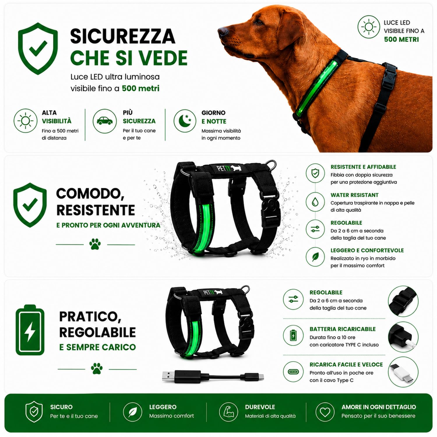 PETTY Pettorina cane ad H con Led Luminosi - Ricaricabili con USB, Imbracatura Anti Tiro Regolabile con Imbottitura Morbida, Traspirante e Chiusura Ermetica (XL, Rosso)