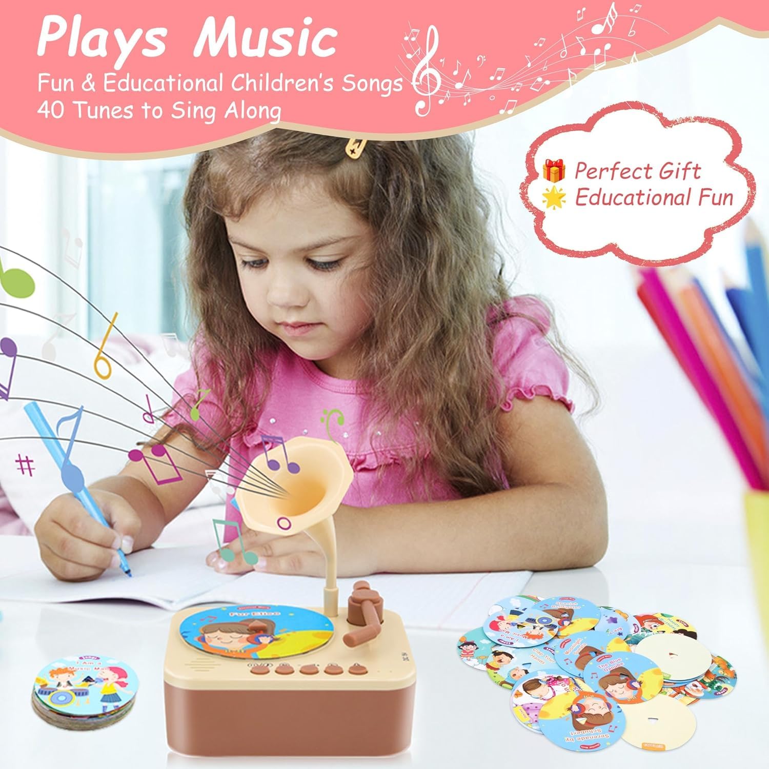 MOROVIK Gramophone with 96 Learning Cards, Record Player, Storytelling Machine for , Kids Music Player, Phonograph Toy (NC001) 3