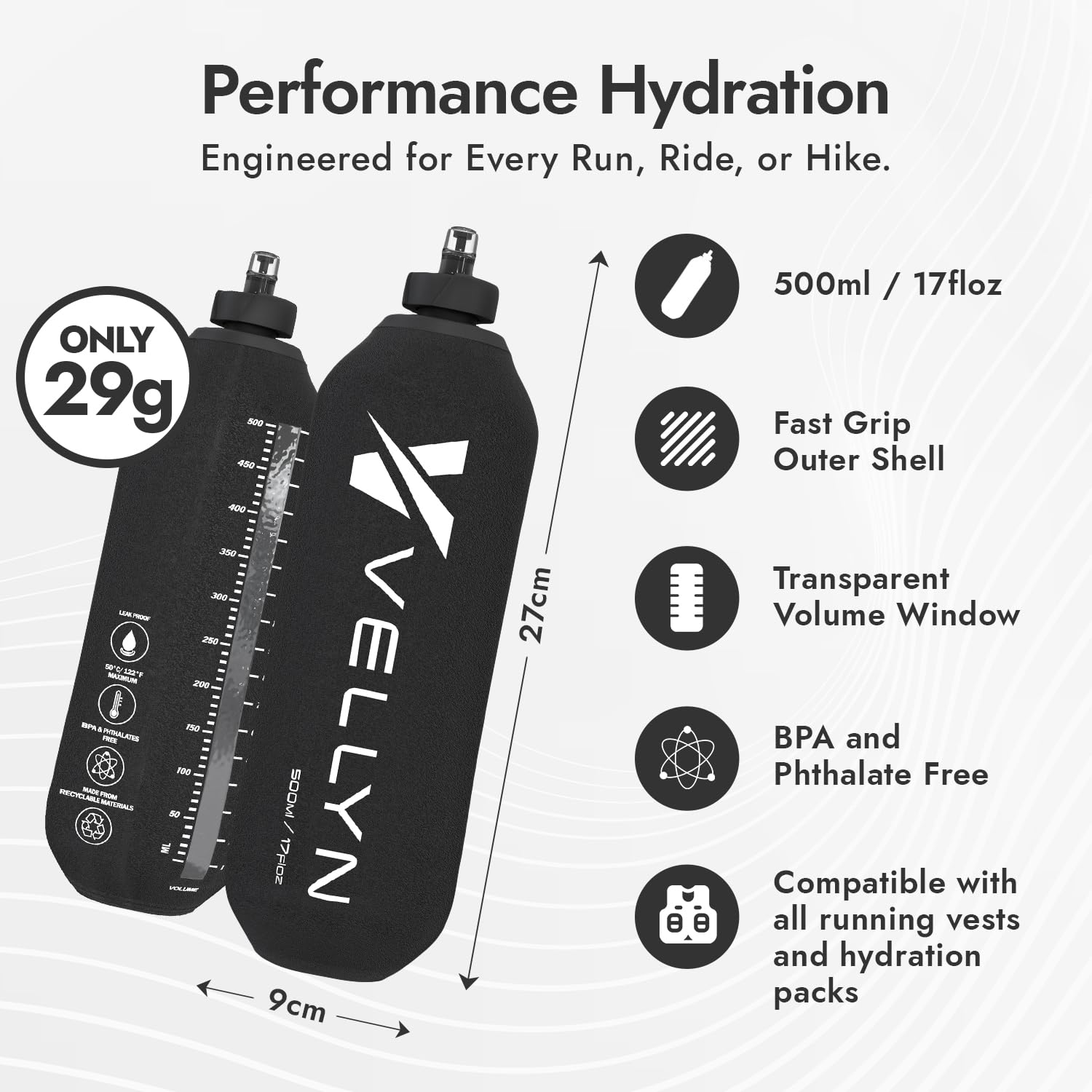 2 x 500 ml Laufwasserflasche, weiche Flasche, faltbare Wasserflasche für Laufweste, ultraleicht, nur 29 g, Schnellgriffschale, Volumenfenster, 100 % auslaufsichere Hydratation für Wandern, Radfahren