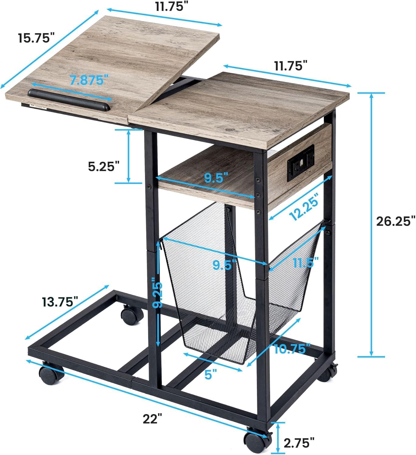 End Table C Shape with Charge Station, Tilting Top Side Table with Magazine Holder and Lockable Wheels, Easy Assembly for Living Room, Bedroom, Industrial Style, Grey