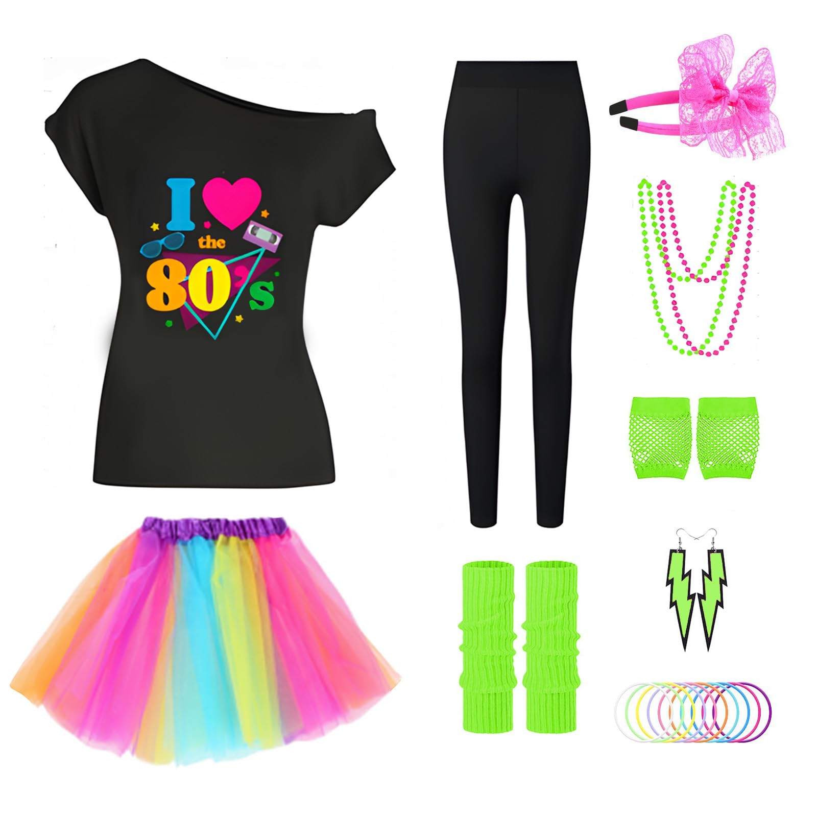 80s Fancy Dress for Women 1980s Costumes, 80s Print T-shirt, Tutu Skirt, Leg Warmers, Necklace, Fishnet Gloves, Earrings, Neon Accessories 1980s Party Costume for Retro Theme Party (colorful, L)