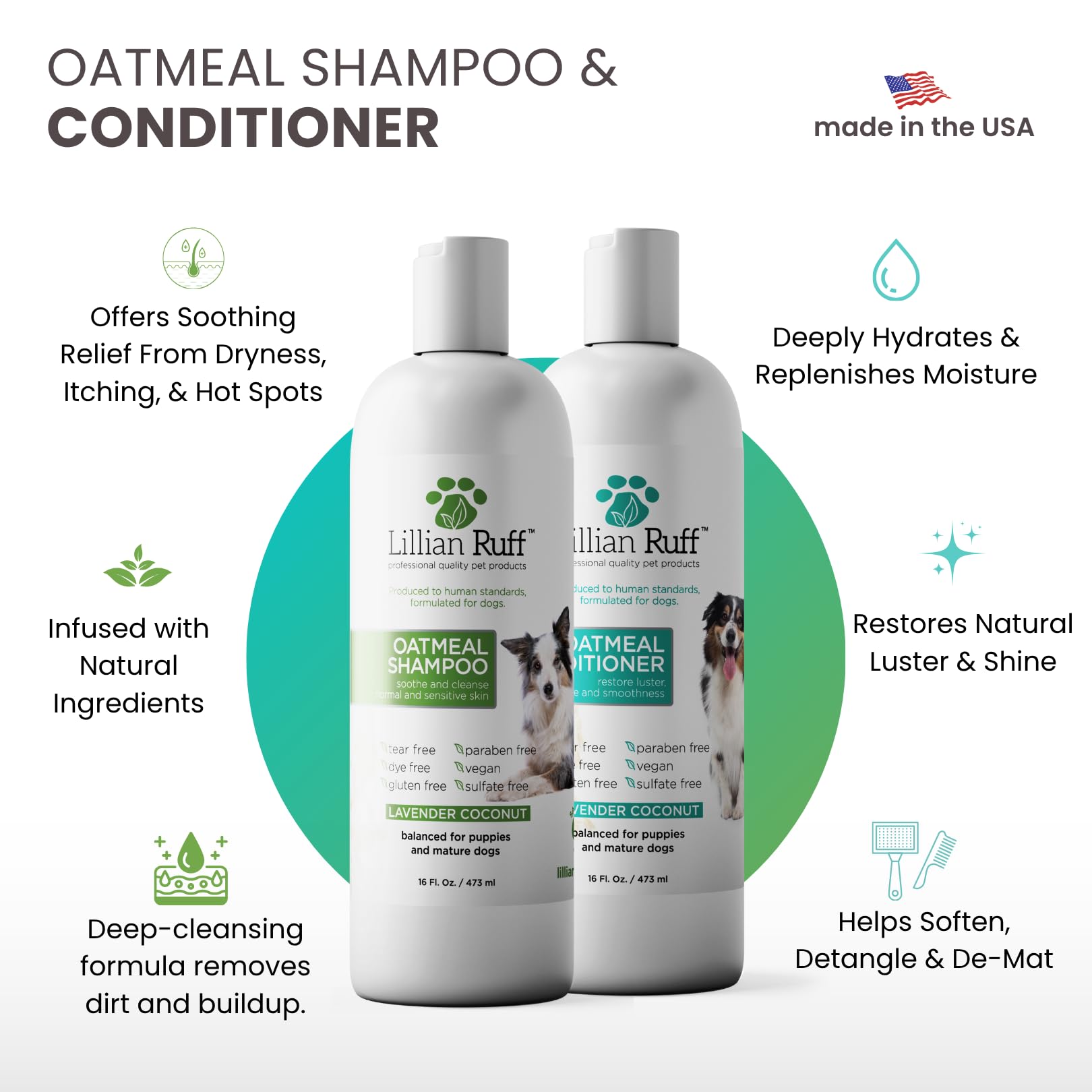 Lillian Ruff PRO Formula Deodorizing Oatmeal Dog Shampoo & Conditioner Set - Calm Itching & Allergies, Ultra-Nourishing Dry Skin Relief - Oatmeal, Aloe, Coconut Oil, Lavender & Provitamin B5, USA Made - image 2