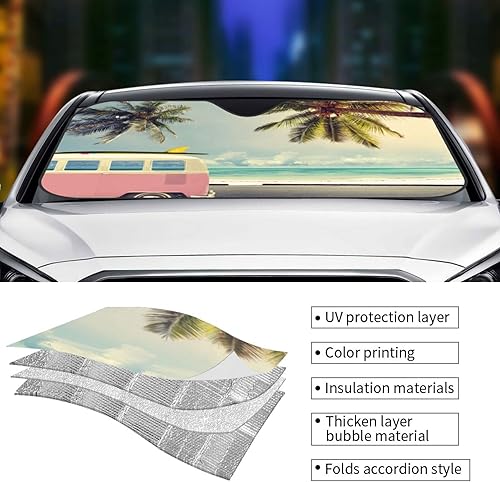 Miniatura 5 de Parasol plegable para parabrisas de automóvil, diseño de playa tropical, para ventana delantera, para automóvil, camión, SUV, 55 x 29.9 pulgadas