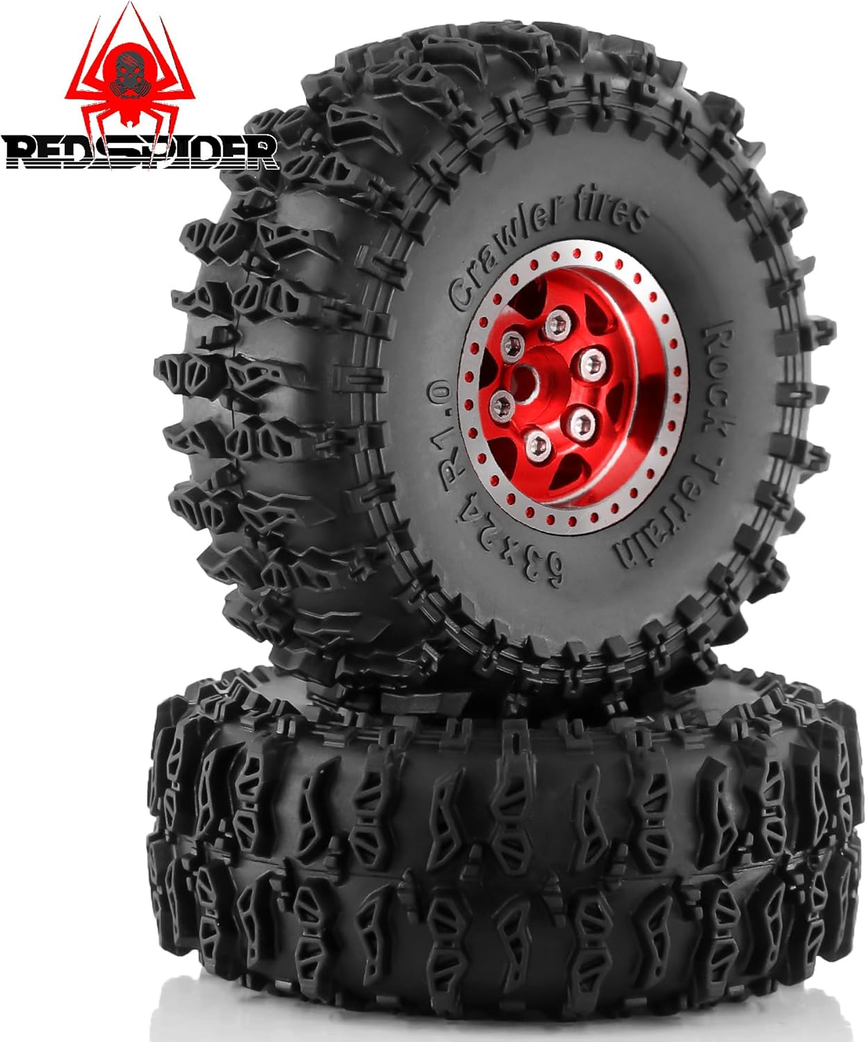 REDSPIDER•1.0'' Aluminum Alloy Beadlock Wheels and tires（4PCS）1.0 Crawler Tires OD 6.48'' for 1：24 1:18 RC Rock Crawler Car SCX24 FCX24 FCX18 TRX4M AX24 90081 Gladiator Bronco C10 (Red)