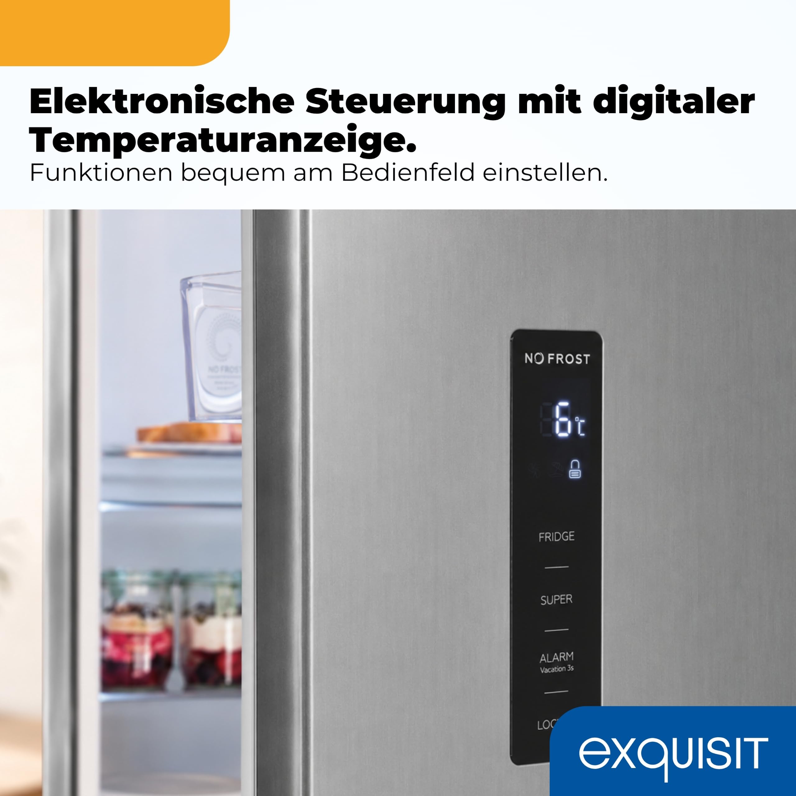 Exquisit Kühlschrank ohne Gefrierfach, 359 Liter, No-Frost, Alarm-Funktion, 5 Ablagen, 4 Türablagen, Gemüsefach, LED-Beleuchtung, Vollraumkühlschrank, KS360-V-HE-040D inoxlook