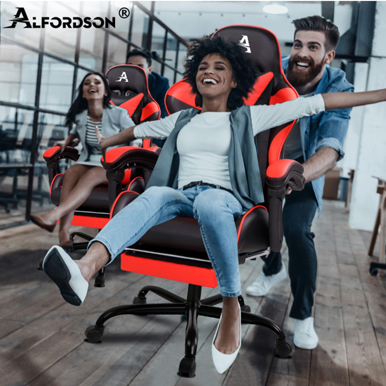 ALFORDSON Sedia Gaming Massaggiante, Sedia Gamer Professionale, Cuscino Lombare & Poggiatesta, Poltrona Ergonomica da Ufficio con Poggiapiedi, Portata 180 kg, Regolabile 90-150°, Similpelle(Rossa) | Poltrona Gamer in Similpelle Serie VOGLER, Schienale reg